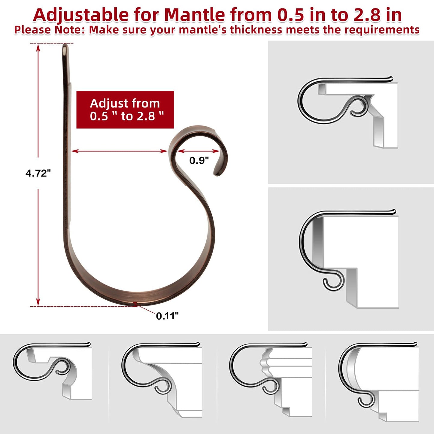 Christmas Stocking Holders for Mantle Set 4,Lightweight Stocking Holder No-Slip Stocking Hangers for Mantel Fireplace,Adjustable Mantel Stocking Hooks