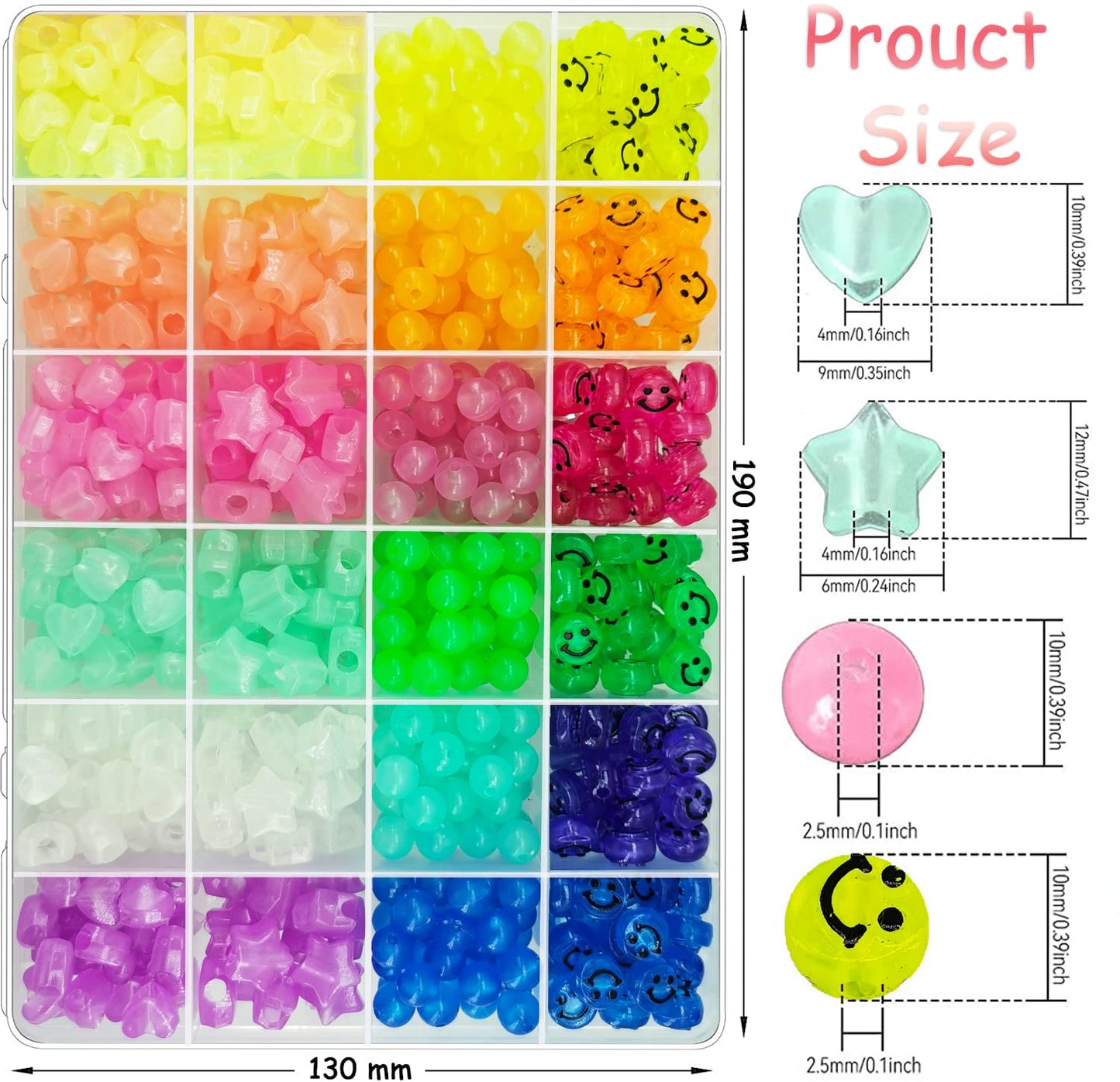 612Pcs Candy Color Acrylic UV Glow in The Dark Beads - Happy Face, Heart, Star Shapes - Color Changing Sun Reactive Plastic Solar Hair Beads Bulk for Bracelet Necklace Jewelry Making