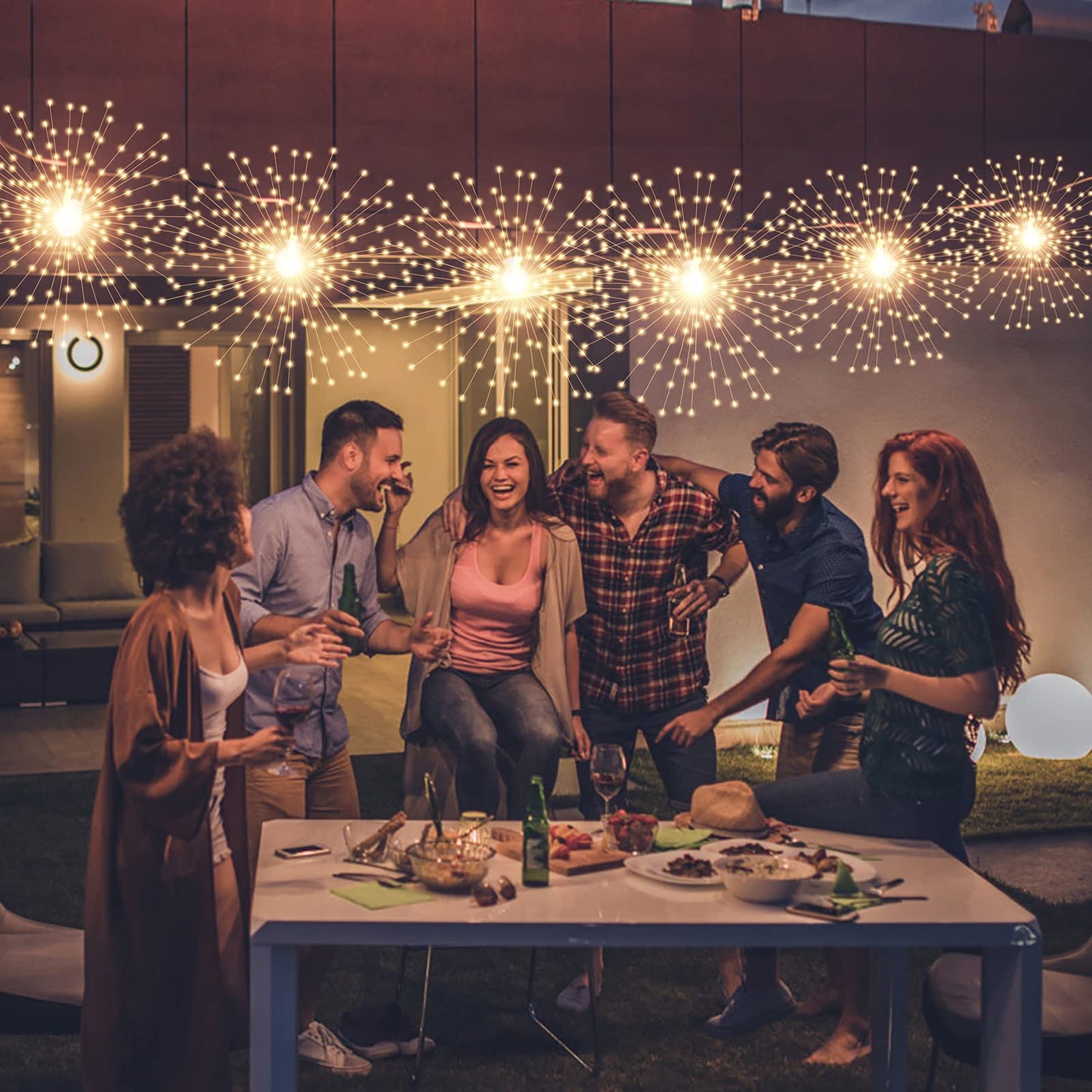 200LED Hanging Sphere Lights, Battery Operated Starburst 8 Modes Dimmable Remote Control, Waterproof Fairy Copper Wire Indoors Outdoors Christmas Decoration (Warm White)