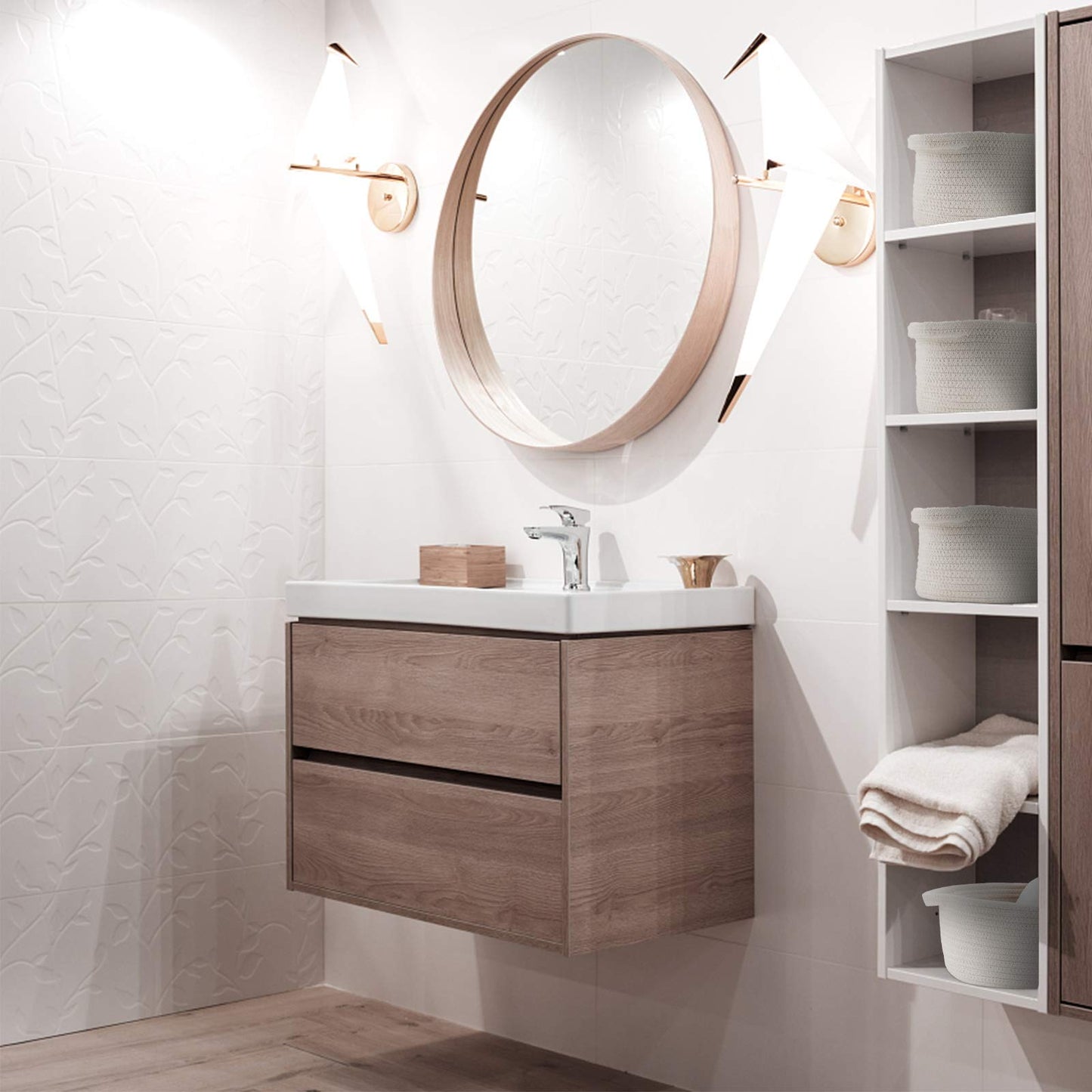 Small Baskets with Handles - Decorative Durable Rope Woven Shelf Storage Organizer Bin, Gift Basket for Mother's Day Easter Baby Shower, 12"x8"x5", White