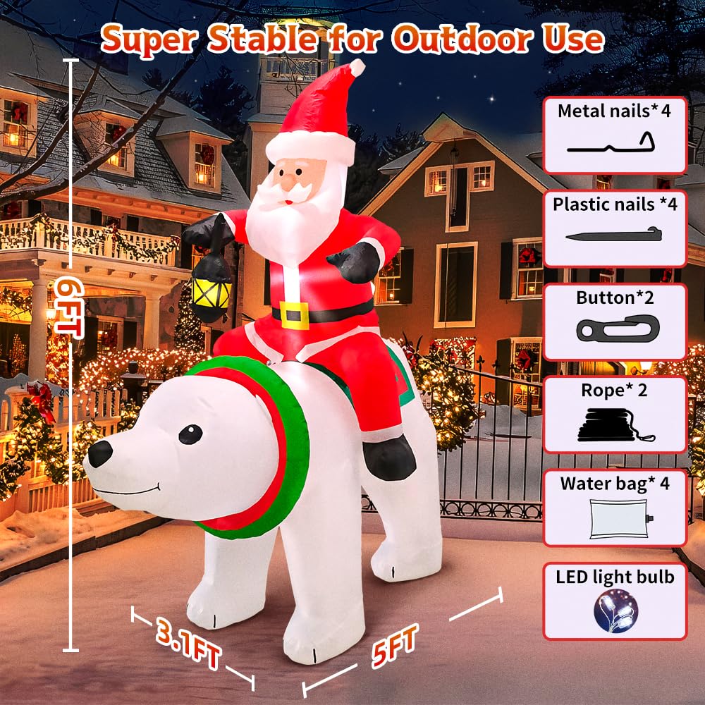 6 FT Christmas Inflatable Santa Claus with Polar Bear Build-in LED Lights Blow up Xmas Inflatables Decoration for Yard Garden Lawn Holiday Party