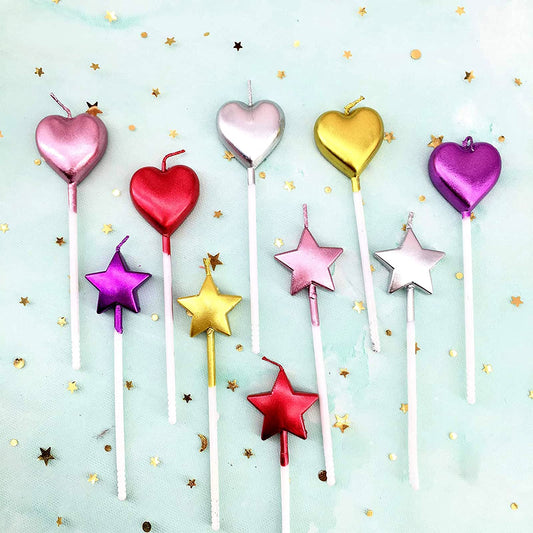 10 Cute Heart Shaped and Star Birthday Candles Multi-Color Cake Candle Toppers for Party Wedding Cake Decoration Supplies Birthday Candles (5 star-5heart, Multi-Colored)