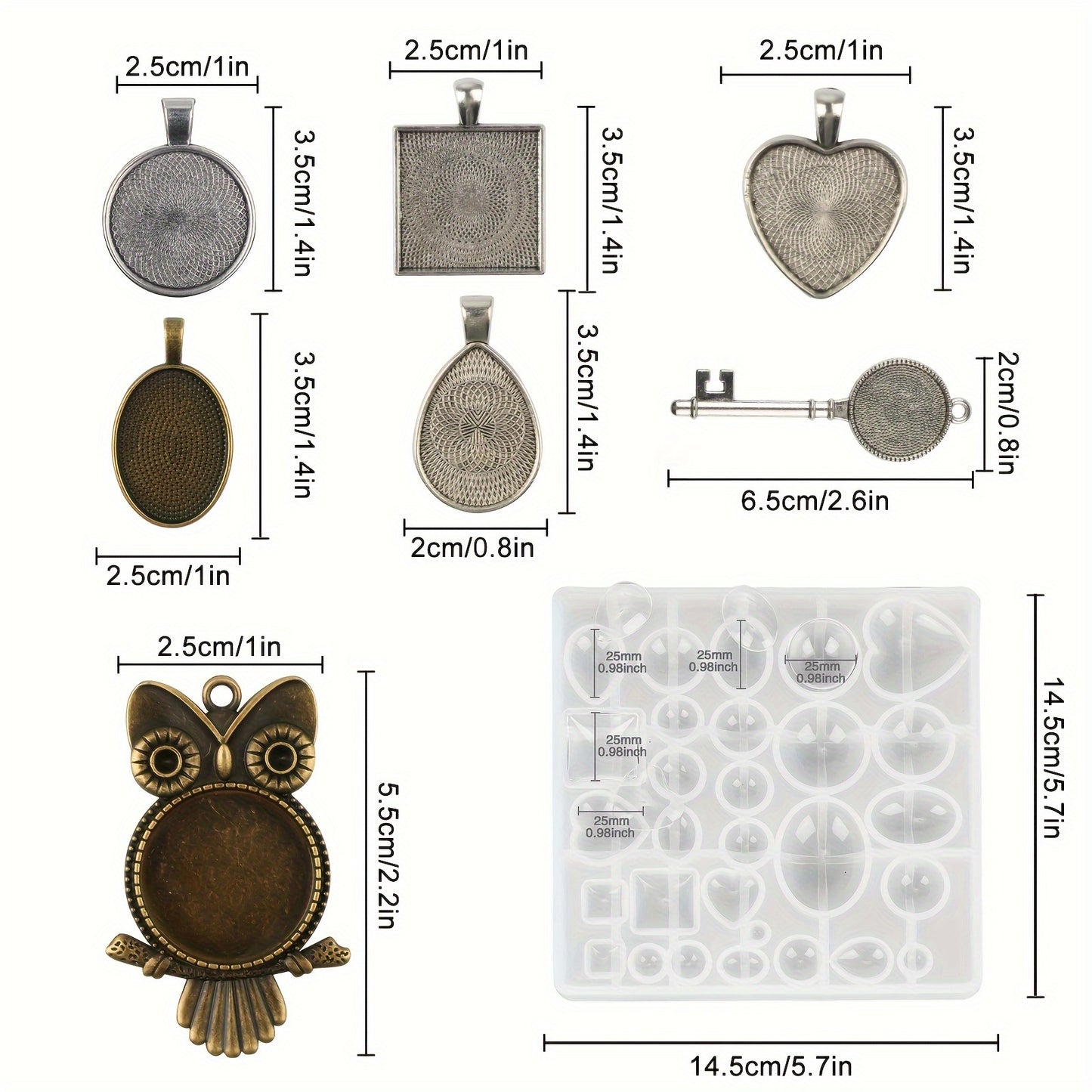 35 pcs Pendant Tray Silicone Mold Set, Jewelry Making Kit with 7 Styles Pendant Trays