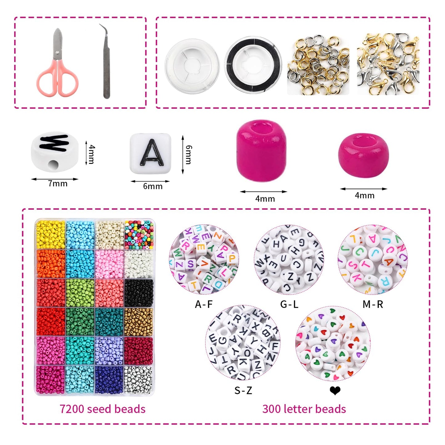 7200pcs Seed Beads for Friendship Bracelet Kit, 4mm Glass Bracelet Kit and 300pcs Letter Beads for Jewelry Making, Necklaces, Craft Gifts