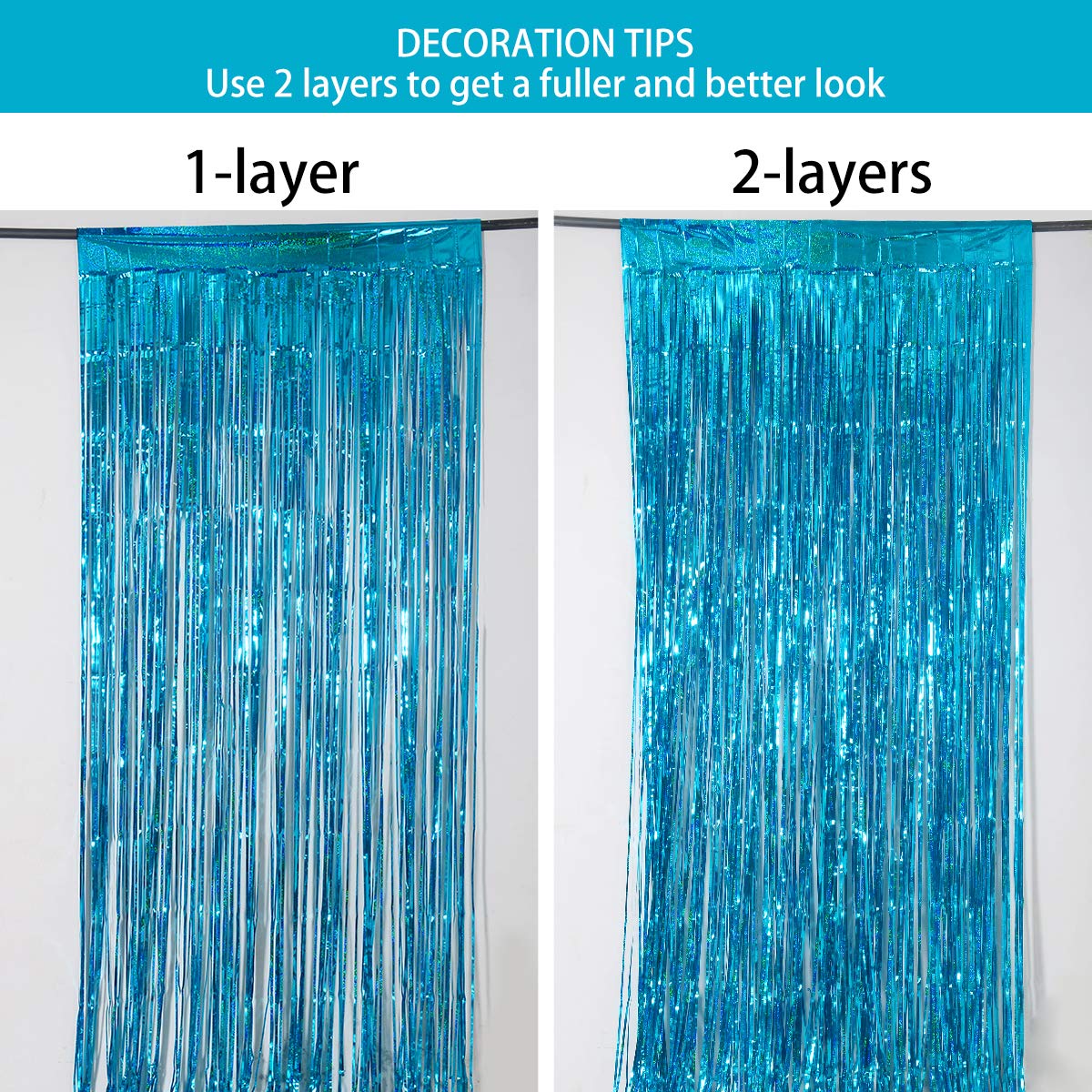 2 Pack 3.2 ft x 8.2 ft Teal Tinsel Foil Fringe Curtains Backdrop, Sparkle Metallic Foil Curtains for Frozen/Mermaid/Under Sea Birthday Party Decoration