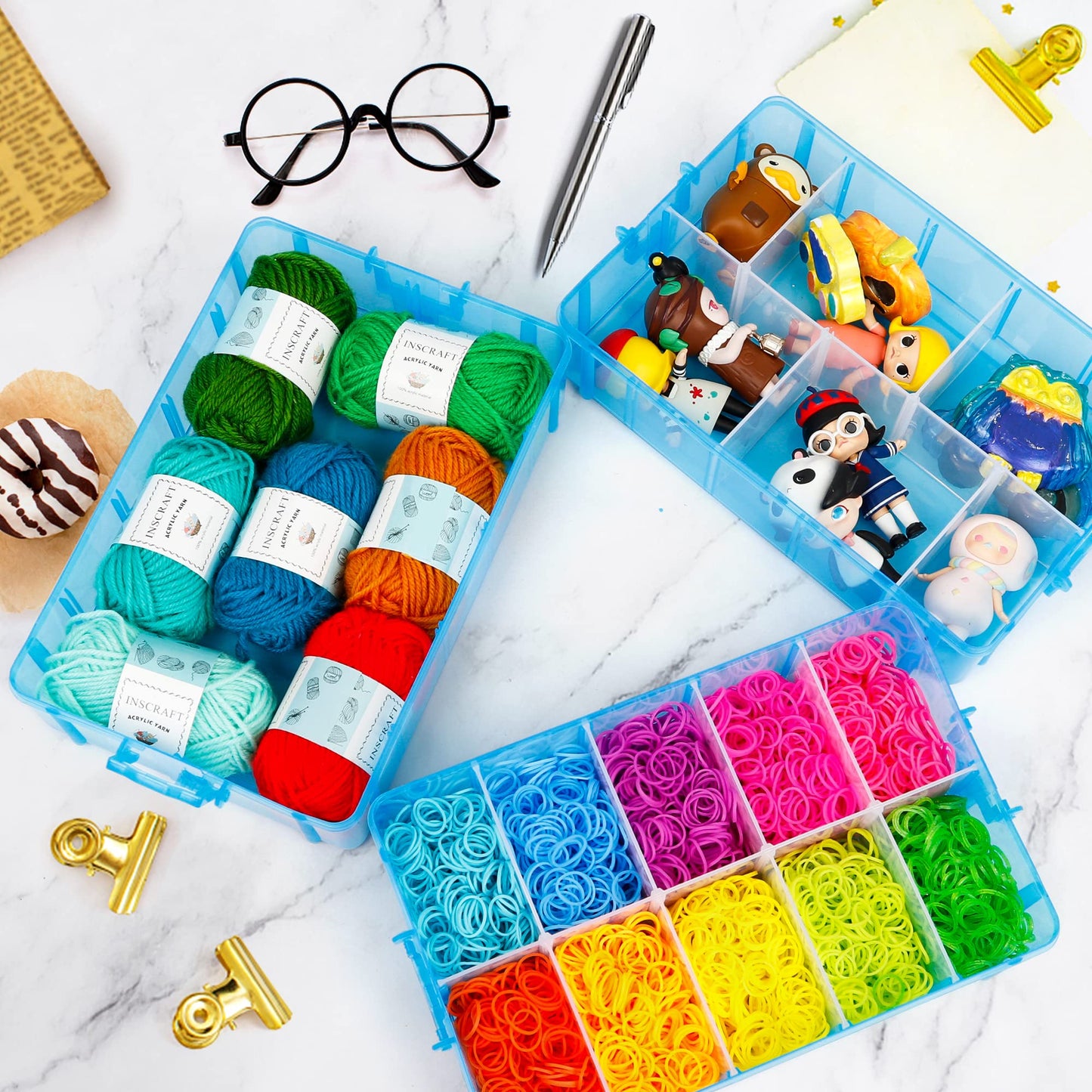 7 Layers Stackable Storage Container, 70 Adjustable Compartments (Blue) Stackable Storage Container, Perfect for Kids Toys, Art Crafts, Jewelry, Supplies, Mini Case & Letter Sticker Included