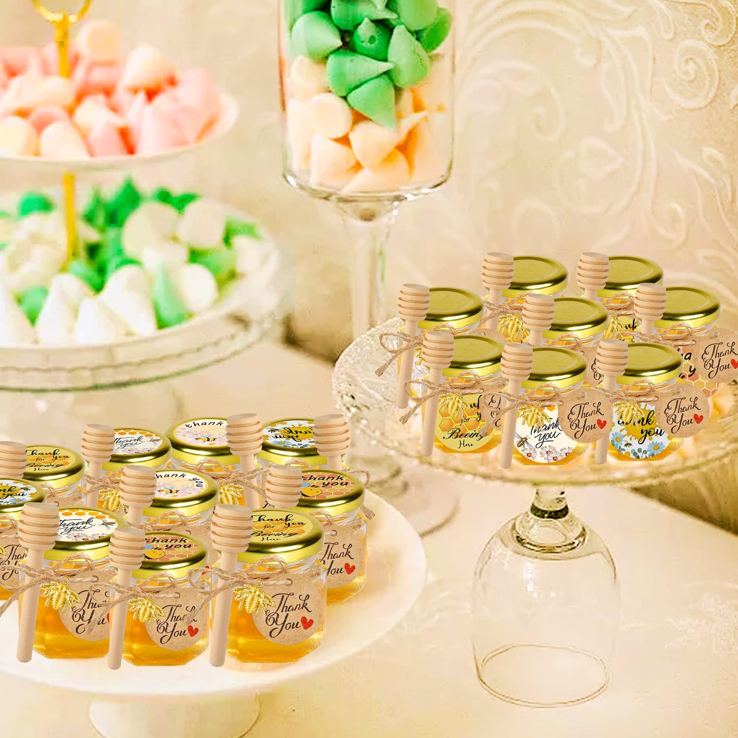 Mini Glass Honey jars-1.5 oz,30 pcs Hexagon Honey Jars with Wooden Dipper,Gold Lid,Bee Pendant,Rope,Mini Honey Jars with Dipper,Perfect for Baby Shower,Wedding Favors,Party Favors