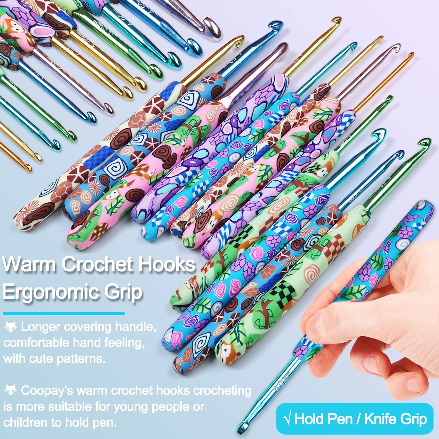 Warm Crochet Hooks Crocheting, Extra Long Crochet Hook Set for Arthritic Hands, 2.25mm to 8.0mm, 12 pcs Crochet Kit Ergonomic Grips for DIY Craft Yarn, Animal Pattern
