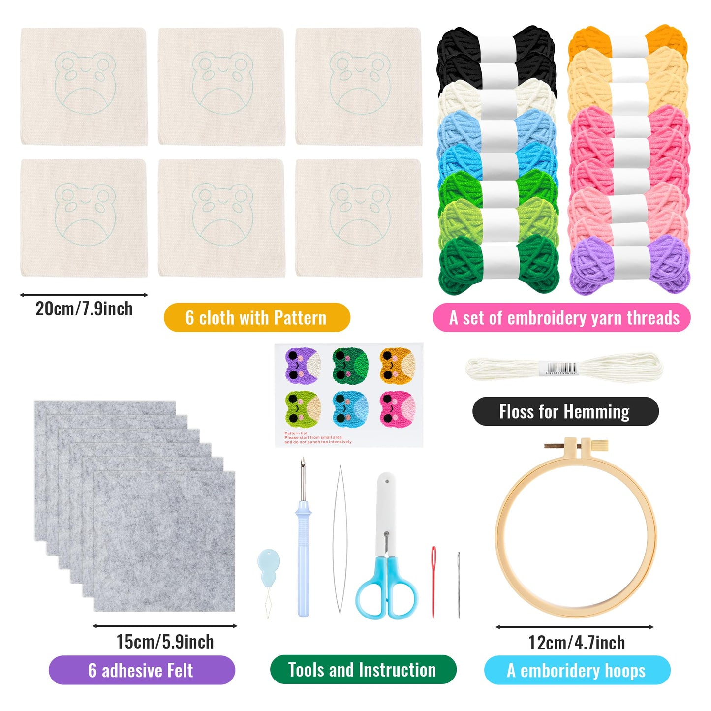 Frog Punch Needle Coaster Kit - 22Pcs Crafts Punch Needle Coasters Kits for Beginners, 6 Colors Frog Coaster Tufted Rug Pads with Adhesive Felt Yarns Embroidery Hoop Instruction