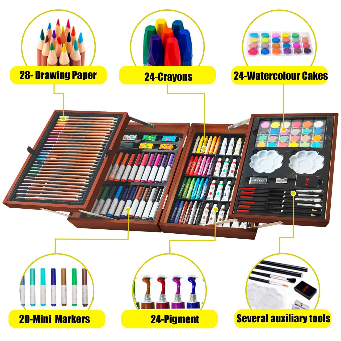 Art Supplies, 139 Pack Painting Drawing Art Kit with 2 Sketch Pads, Deluxe Double Layers Art Set Crafts, Colored Pencils, Oil Pastels, Watercolor Paints, Gift for Artists Kids (Brown)