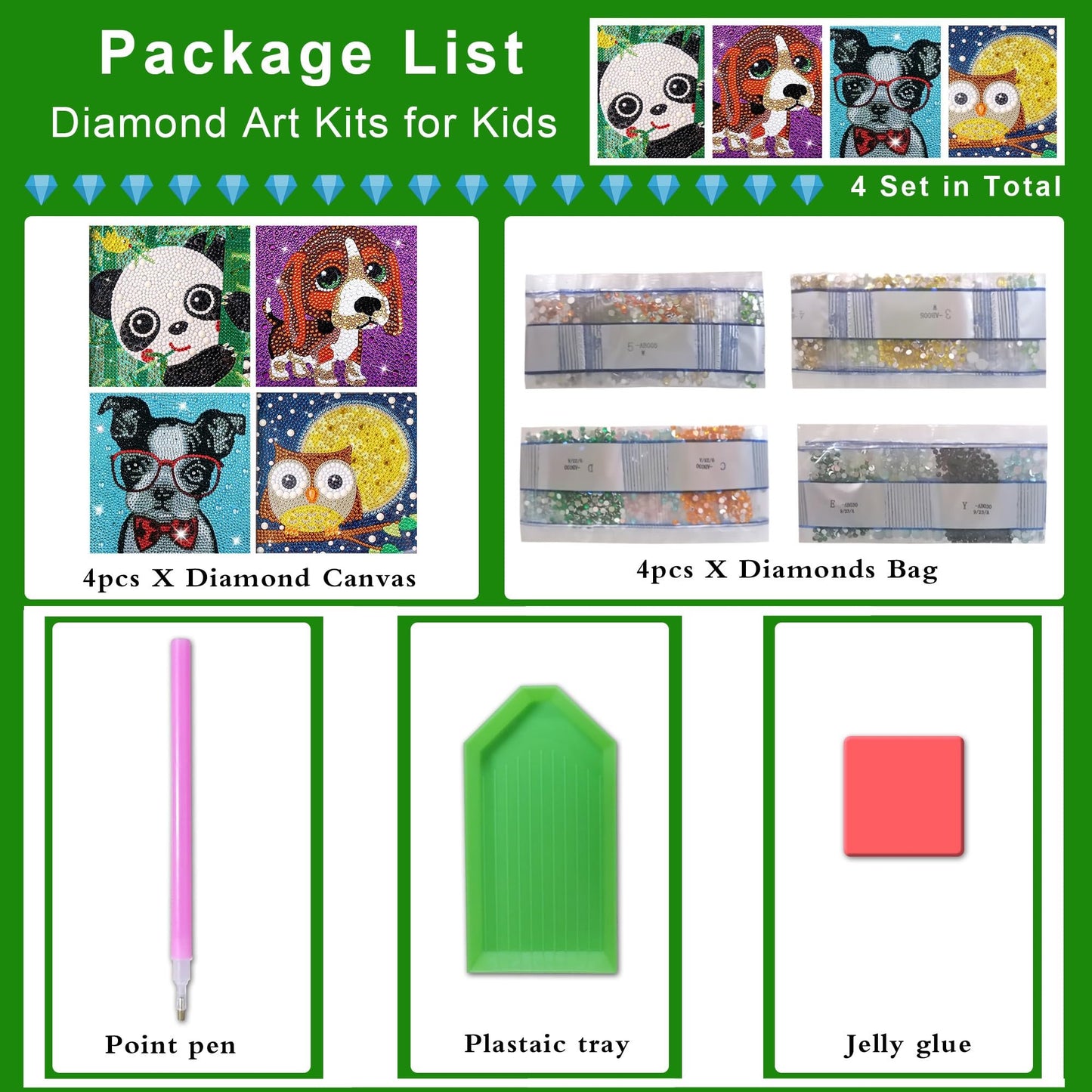 Diamond Painting Kits for Kids, 4Pcs Kids Diamond Art Animal 5D Diamond Gem Art by Number Dotz Kits Art and Crafts for Kids Ages 6-8-10-12 Girls Boys for Birthday Halloween