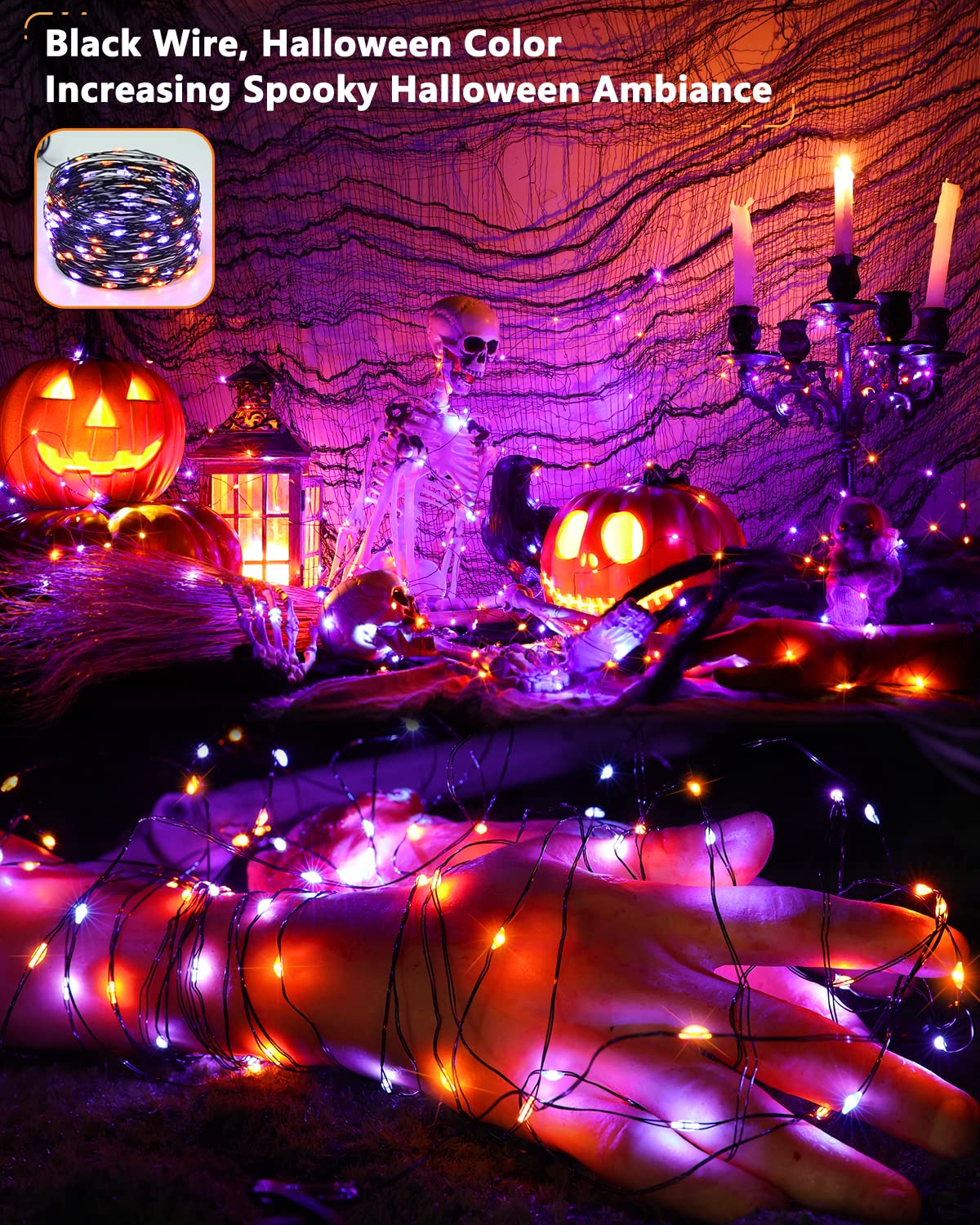 Orange & Purple Halloween Lights, 2 Pack Total 78ft 240 LED Orange Lights, Purple Solar Halloween Lights 8 Modes, Outdoor Twinkle Orange Halloween String Lights Black Wire for Halloween Decor