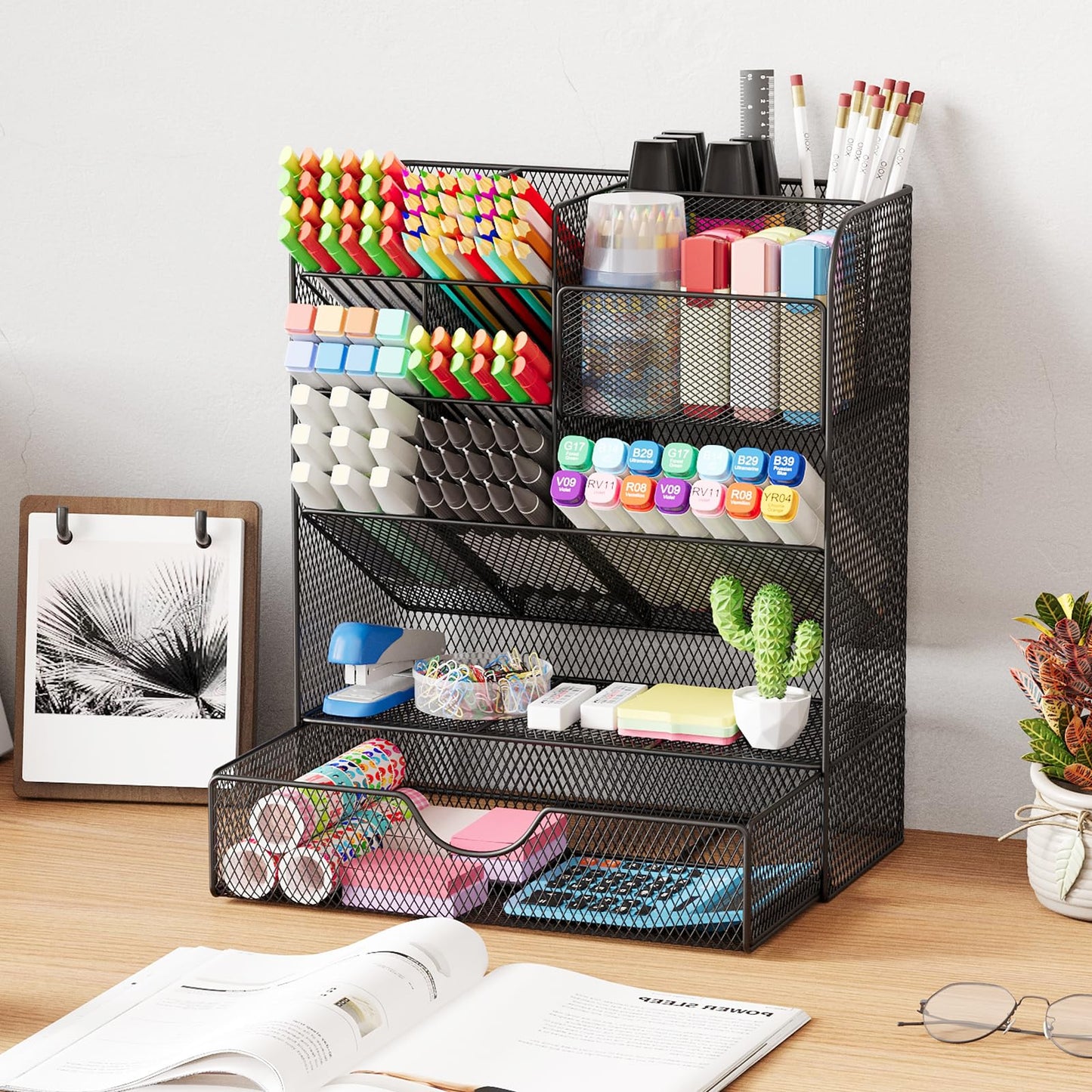 Desk Organizers and Accessories, Pen Holder for Desk Organizer with Drawer, Pencil Holder Office Desk Accessories Workspace Desktop Organizer for School Home Office Art Supplies(Black)