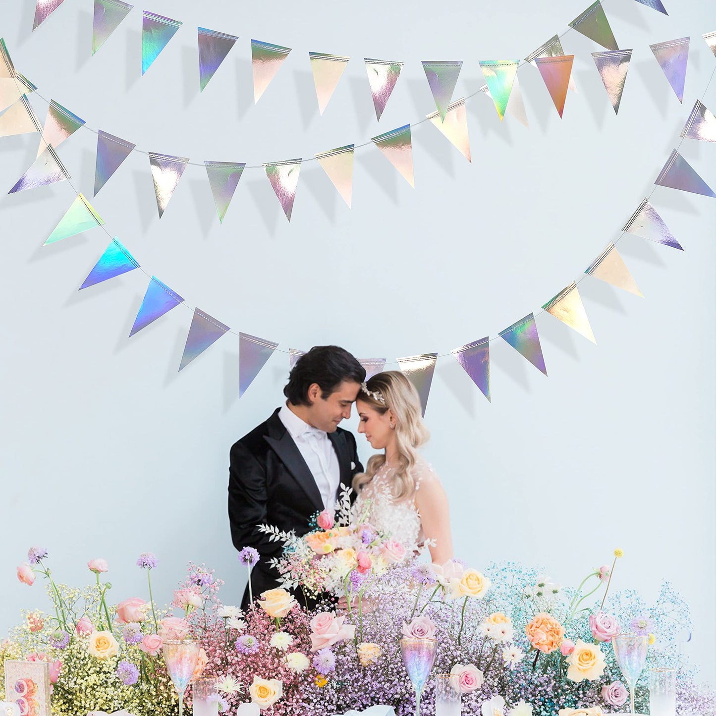40Ft Iridescent Party Decorations Holographic Hanging Triangle Pennant Banner Flag Bunting Garland for Graduation Birthday Anniversary Engagement Wedding Bridal Baby Shower Disco Hen Party Supplies