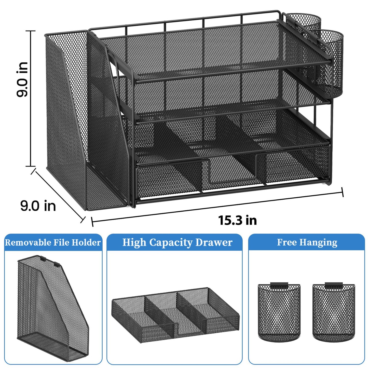 Desk Organizer and Accessories, 4-Tier Desktop File Organizer with Drawer and 2 Pen Holders, Office Desk Accessories for Office Supplies(Black)