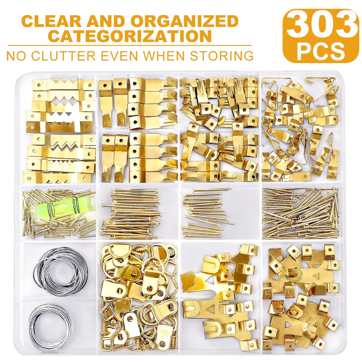 303Pcs Picture Hanging Kit, Picture Hangers Assorted Kit With Heavy Duty Wall Hooks, Sawtooth, Picture Wire, D Rings, Hardware Nails, Eye Hooks and Picture Hanging Tool for Frame Canvas Mounting