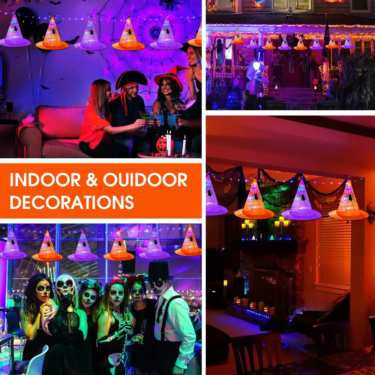 Halloween Decorations 8 Pcs Lighted Hanging Witch Hats, 14ft 56 LEDs Halloween Indoor Outdoor Remote Control String Lights, Battery Powered with 8 Lighting Modes for Garden, Yard, Tree