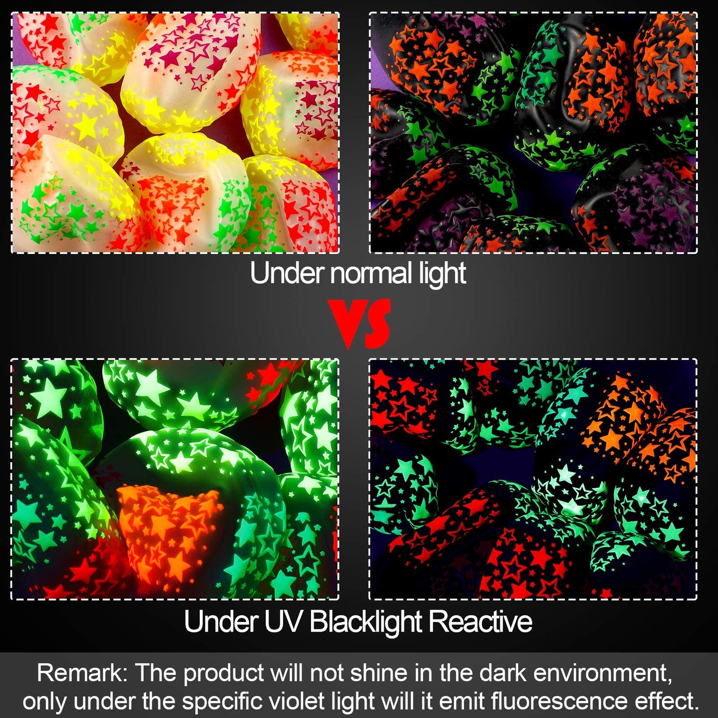 50 Pieces Neon Glow Balloons Neon Stars Glow in Blacklight Black Light Fluorescent Mini Stars Party Latex Balloons for Birthday Wedding Arch Party Decoration(Black, Clear)