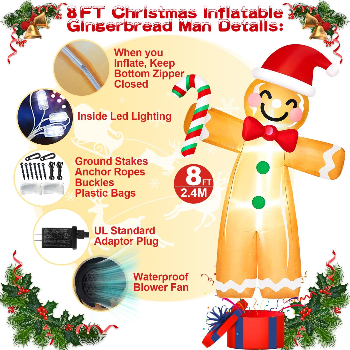 8 FT Gingerbread Man Christmas Inflatable Outdoor Decoration with Candy Cane Built-in LED Lights Inflatable Gingerbread Man Blow Up Yard Decorations for Xmas Party Holiday Indoor Lawn Garden