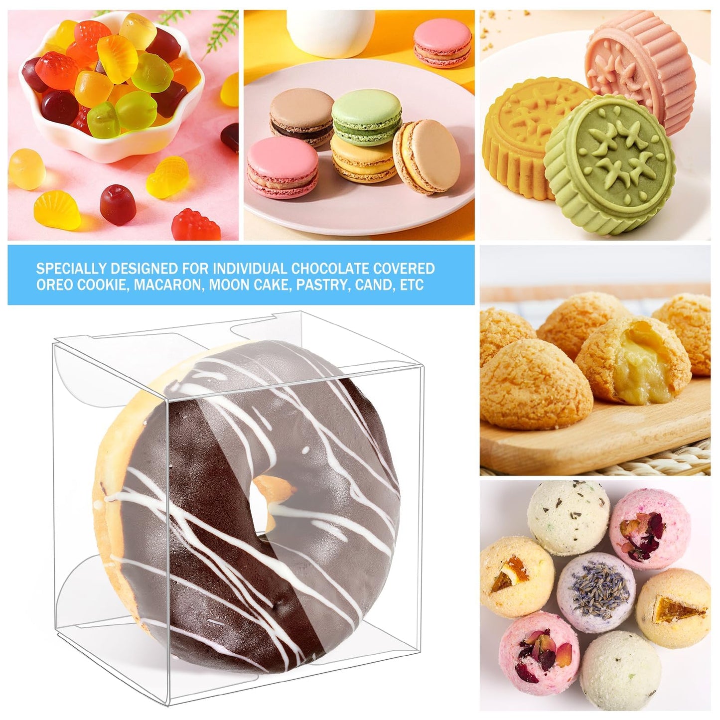 100 Pack Clear Plastic Macaron Boxes,Transparent Chocolate Candy Cookies Malt Balls Mini Gift Packing Boxes for Valentine's Day Wedding Party Baby Shower Display(2.17" x 2.17" x 1.38")