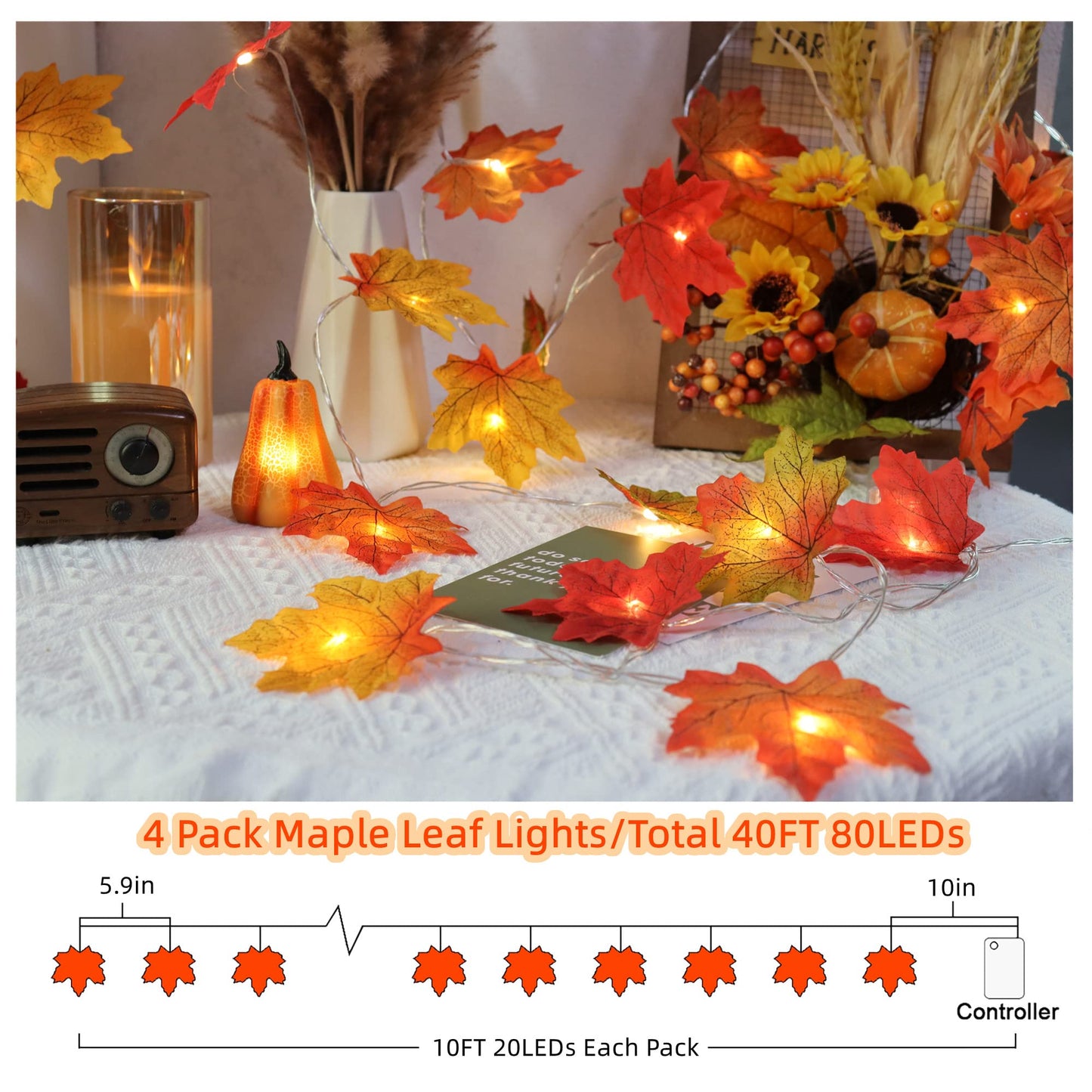 4 Pack Fall Decorations Maple Leaf Lights Garland, Total 40Ft 80LED Lights Battery Operated Fall Leaves Garland with Light Autumn Harvest Light String Home Indoor Outdoor Thanksgiving Decor