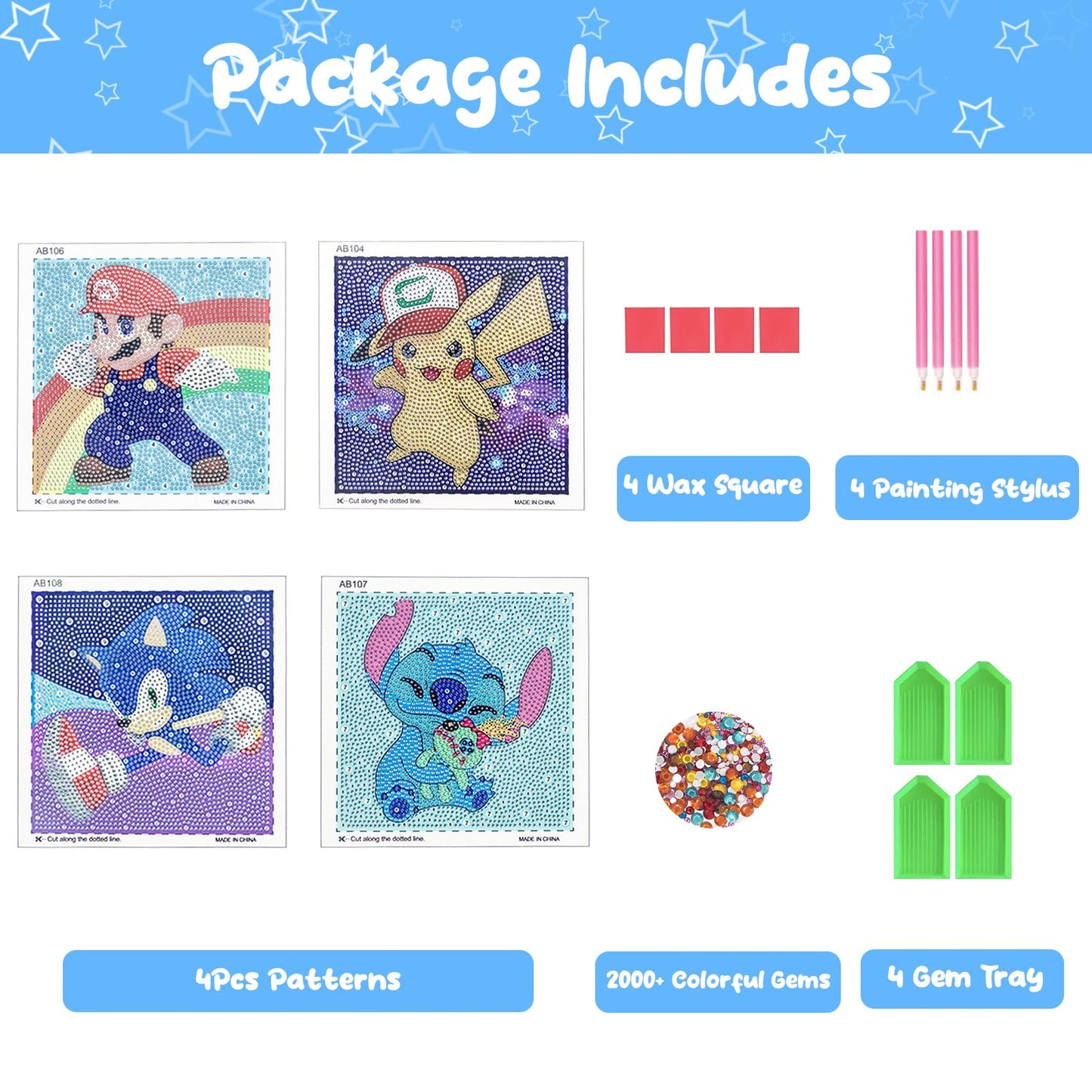 Diamond Art Kits for Kids - 4 Pack Diamond Art Painting Kits for Kid - Arts and Crafts for Kids Ages 8-12 - 5D Diamond Art Paint by Number Dots - GEM Art for 5 6 7 9 10 Year Old Girls Boys Gifts