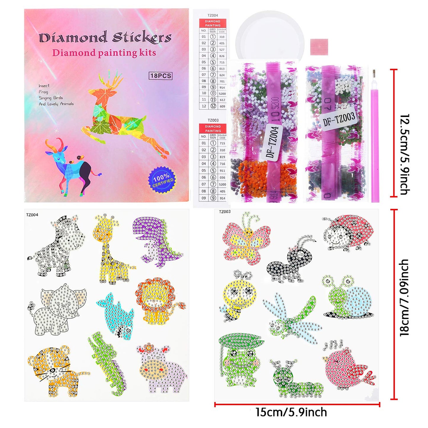 5D Diamond Art Stickers for Kids, 18 Pcs Insect & Animal Sticker Kits, Eco-Friendly DIY Craft Set for Creative Skills Development