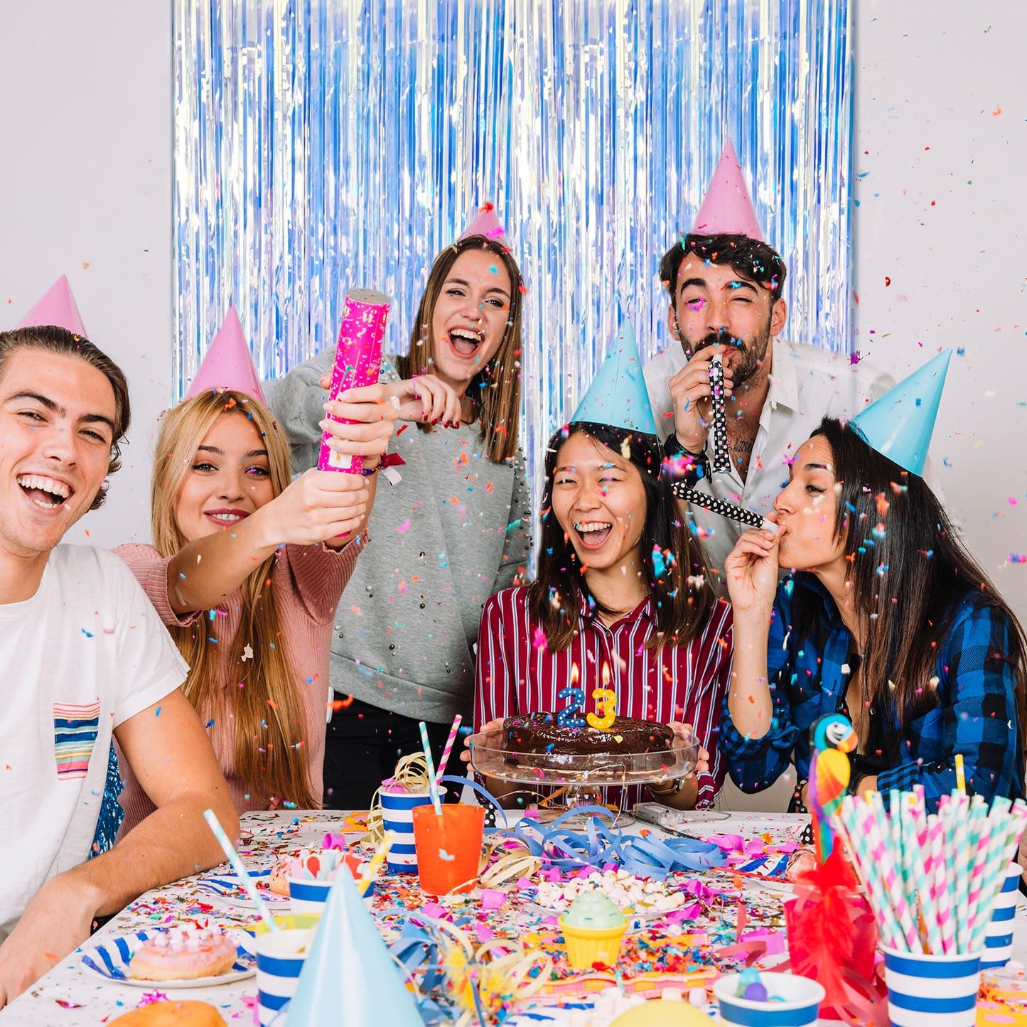 2 Pack Foil Curtain Backdrop Iridescent Metallic Tinsel Foil Fringe Curtains Photo Booth Props for Birthday Wedding Engagement Baby Shower Bachelorette Christmas Holiday Celebration Party Decorations