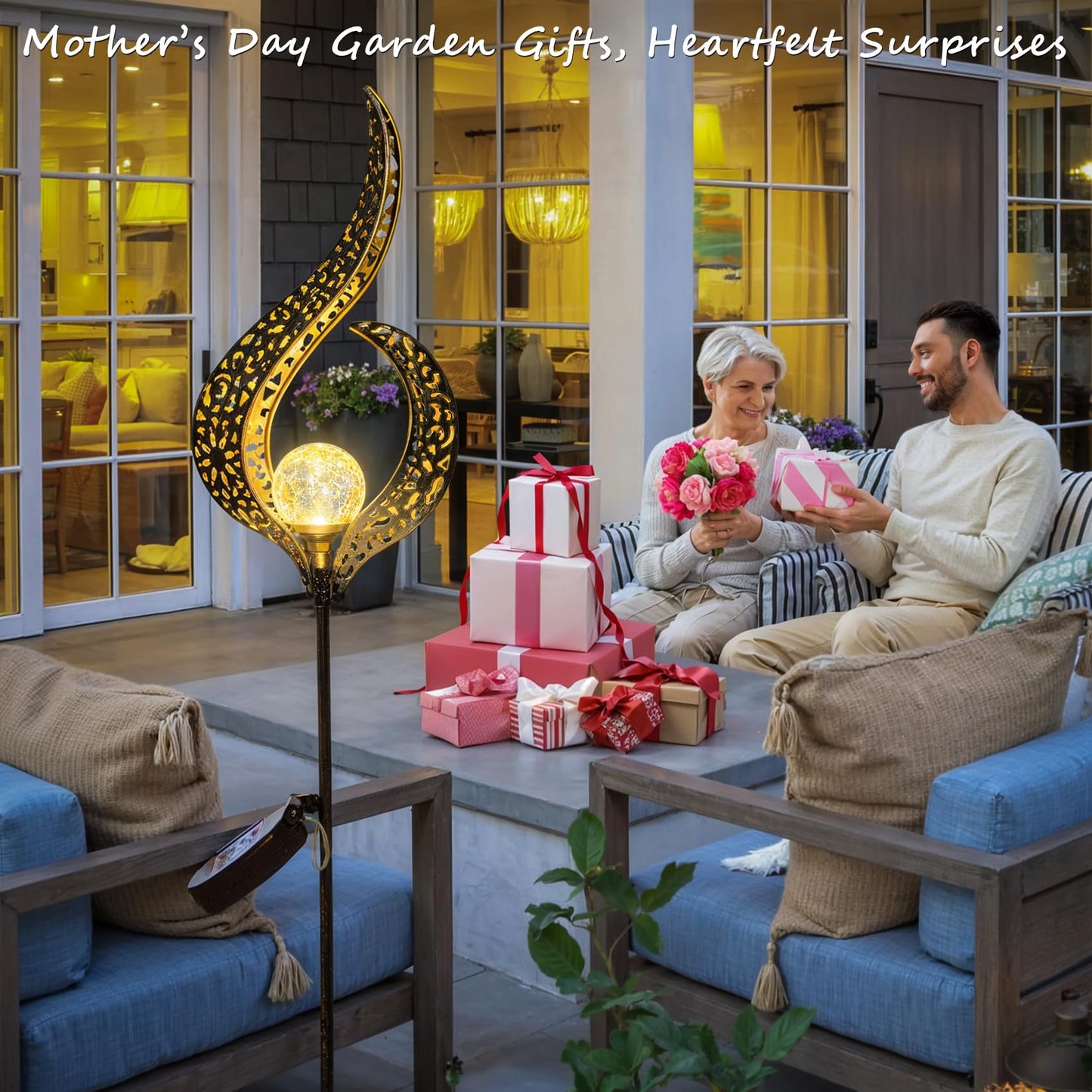 Outdoor Garden Solar Lights Stake, Mothers Day Gifts Mom,Crackle Glass Metal Flower Waterproof LED Fairy Lights for Pathway,Lawn,Patio or Courtyard,Gardening Gifts Women (Bronze)