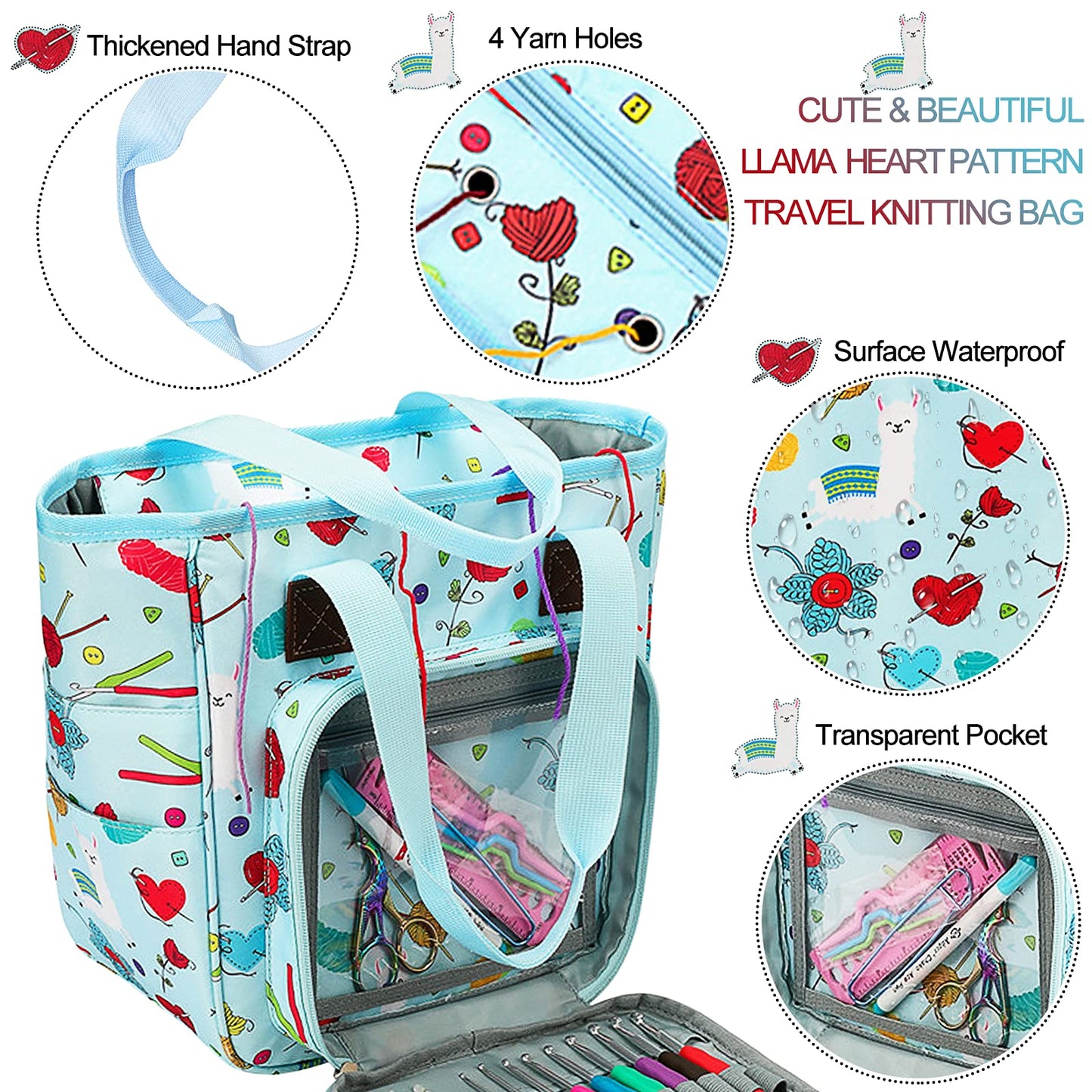 Knitting Bag Yarn Storage Organizer, Portable Knitting Tote Basket Yarn Bags for Crochet Hooks, Crocheting Kit, Knitting Needles, Yarn Balls, Project & Sewing Supplies - No Accessories (Blue)