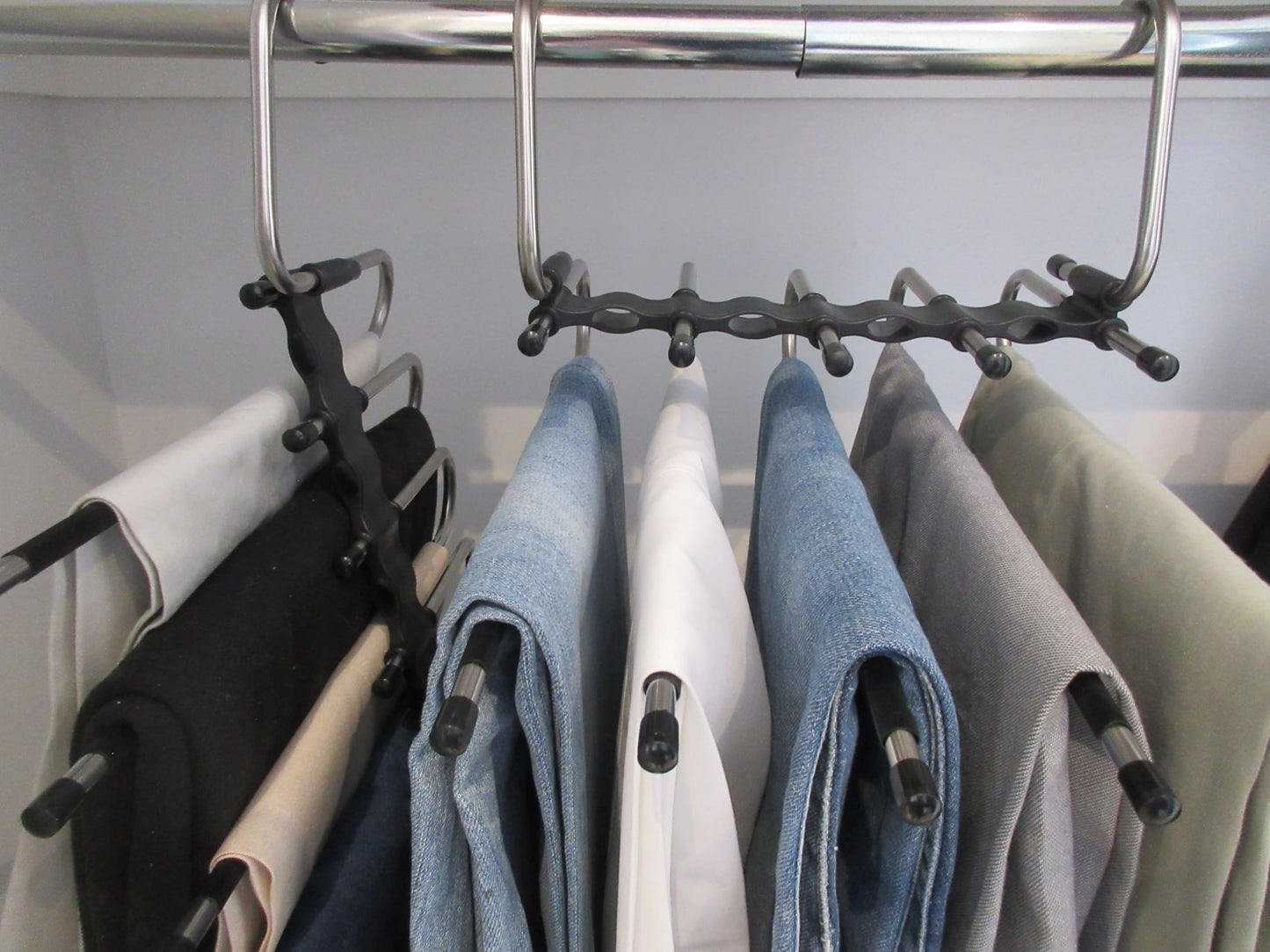 Pants Hangers Space Saving 2-Pack - 5-Tier, Non-slip, Stainless Steel Pants Organizer for Closet, Hangs Horizontally or Vertically, Multifunctional Storage for Jeans, Skirts, Scarves, Leggings, Shorts