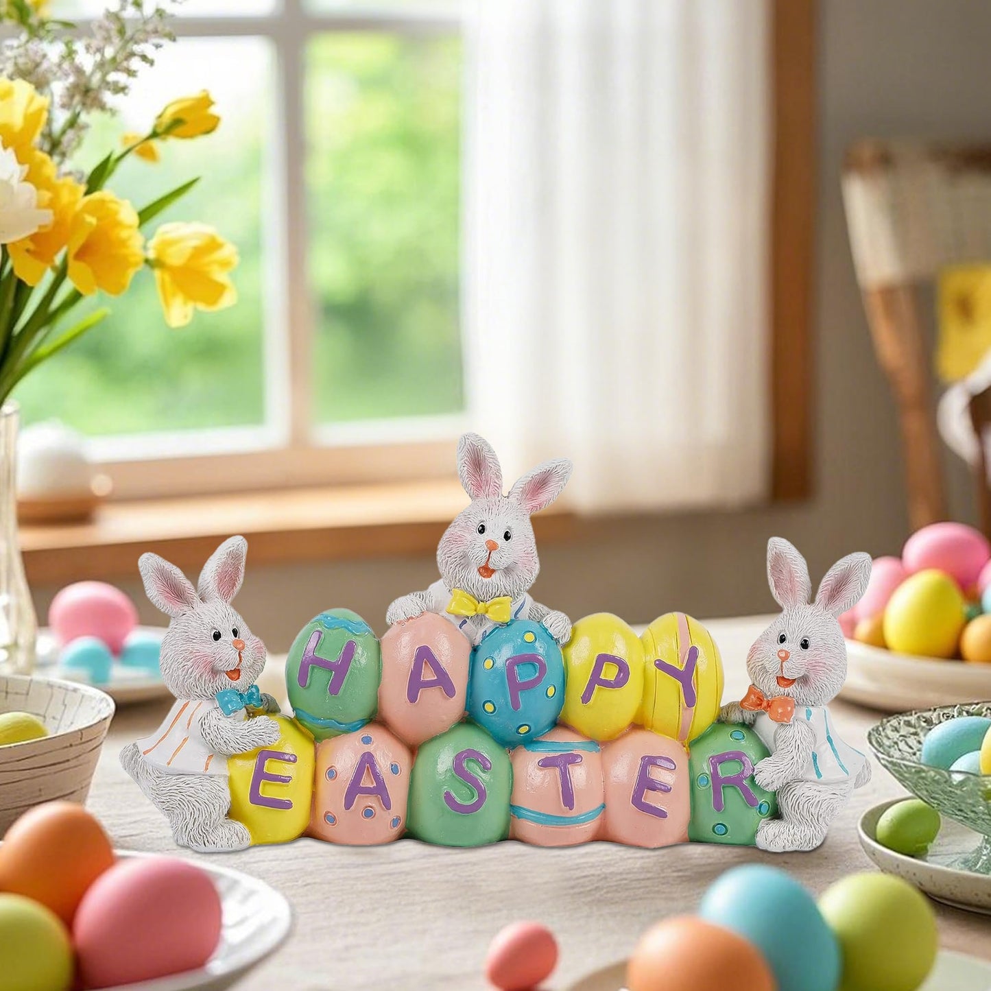 Easter Decorations Eggs Bunny, Hand-Painted Resin Tabletop Centerpiece, Decor Bunny Figurine for Home Room Table Office Party (Happy Easter)