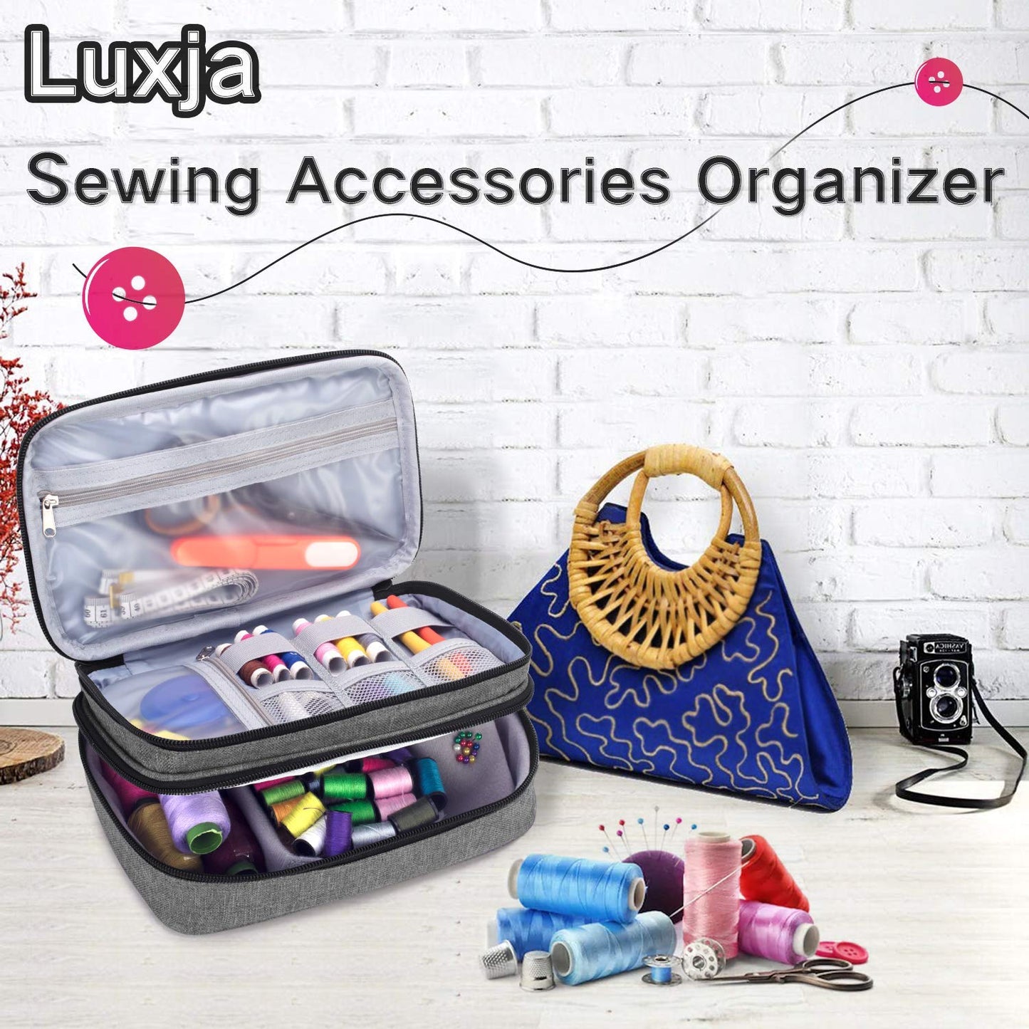 Sewing Accessories Organizer, Double-Layer Sewing Supplies Organizer for Needles, Scissors, Measuring Tape, Thread and Other Sewing Tools (NO Accessories Included), Gray