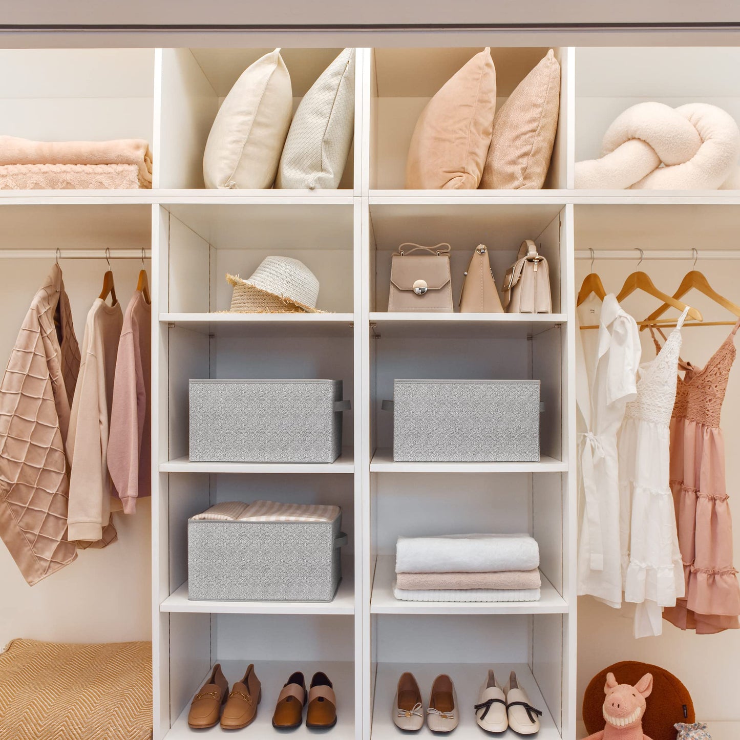 Storage Baskets for Shelves, Fabric Storage Bins with Handles, Collapsible Storage Boxes, Closet Storage Bins, Organizers and Storage, Gray, Large, 3-Pack