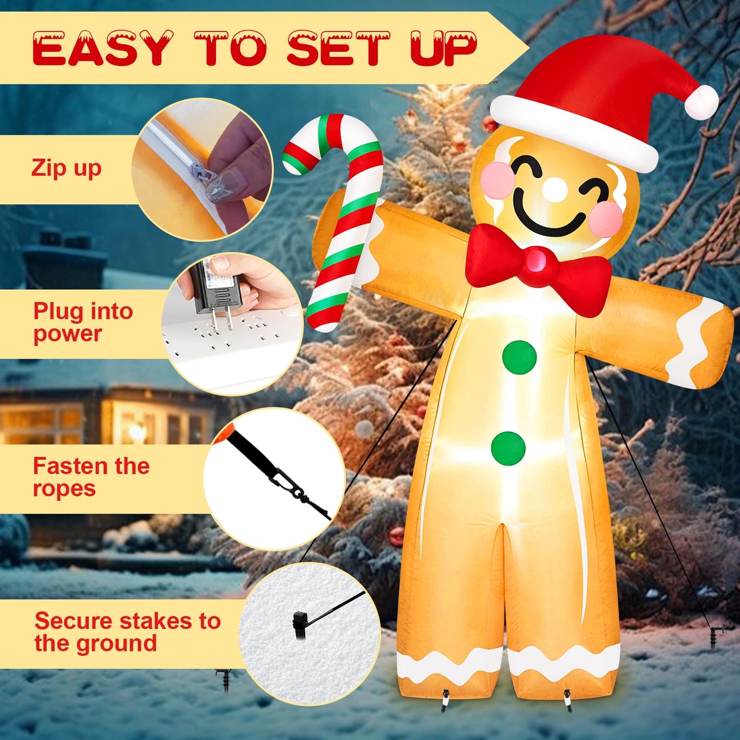 8 FT Gingerbread Man Christmas Inflatable Outdoor Decoration with Candy Cane Built-in LED Lights Inflatable Gingerbread Man Blow Up Yard Decorations for Xmas Party Holiday Indoor Lawn Garden
