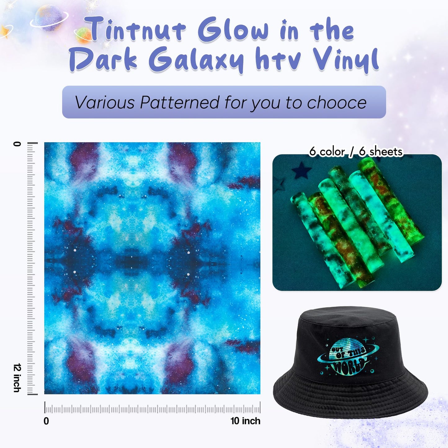 Glow in Dark HTV Heat Transfer Vinyl - 12x10 inch 6 Sheets Luminous Galaxy Iron on Vinyl Galaxy HTV Vinyl for T-Shirts DIY Compatible with Cricut or Silhouette Cameo