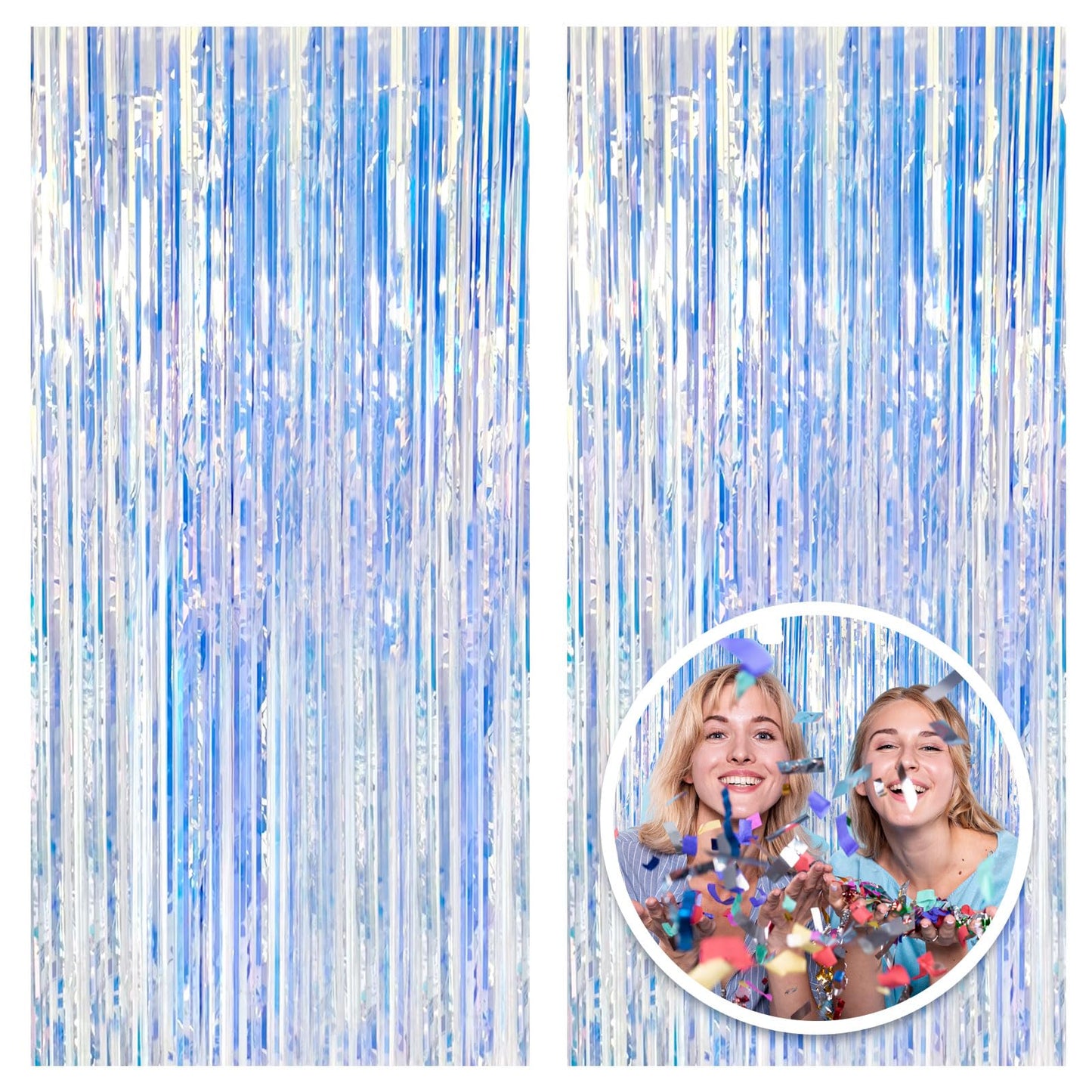 2 Pack Foil Curtain Backdrop Iridescent Metallic Tinsel Foil Fringe Curtains Photo Booth Props for Birthday Wedding Engagement Baby Shower Bachelorette Christmas Holiday Celebration Party Decorations