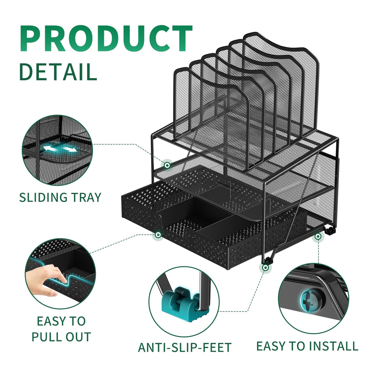 Mesh Desk Organizer with Sliding Drawer, Double Tray with 5 Sections File Bookshelf, Black