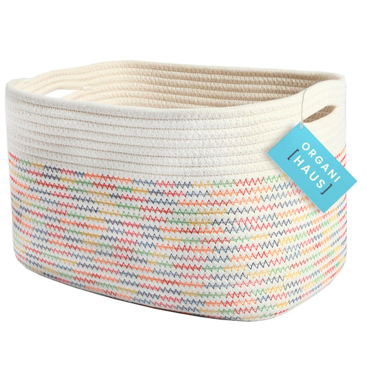 Woven Storage Basket, Nursery Storage Basket, Towel Basket for Bathroom, Cotton Rope Basket for Storage, Decorative Storage Baskets, Woven Baskets for Storage, Rainbow Book Basket