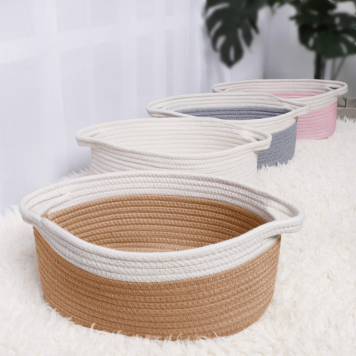 Small Baskets with Handles - Decorative Durable Rope Woven Shelf Storage Organizer Bin, Gift Basket for Mother's Day Easter Baby Shower, 12"x8"x5", White