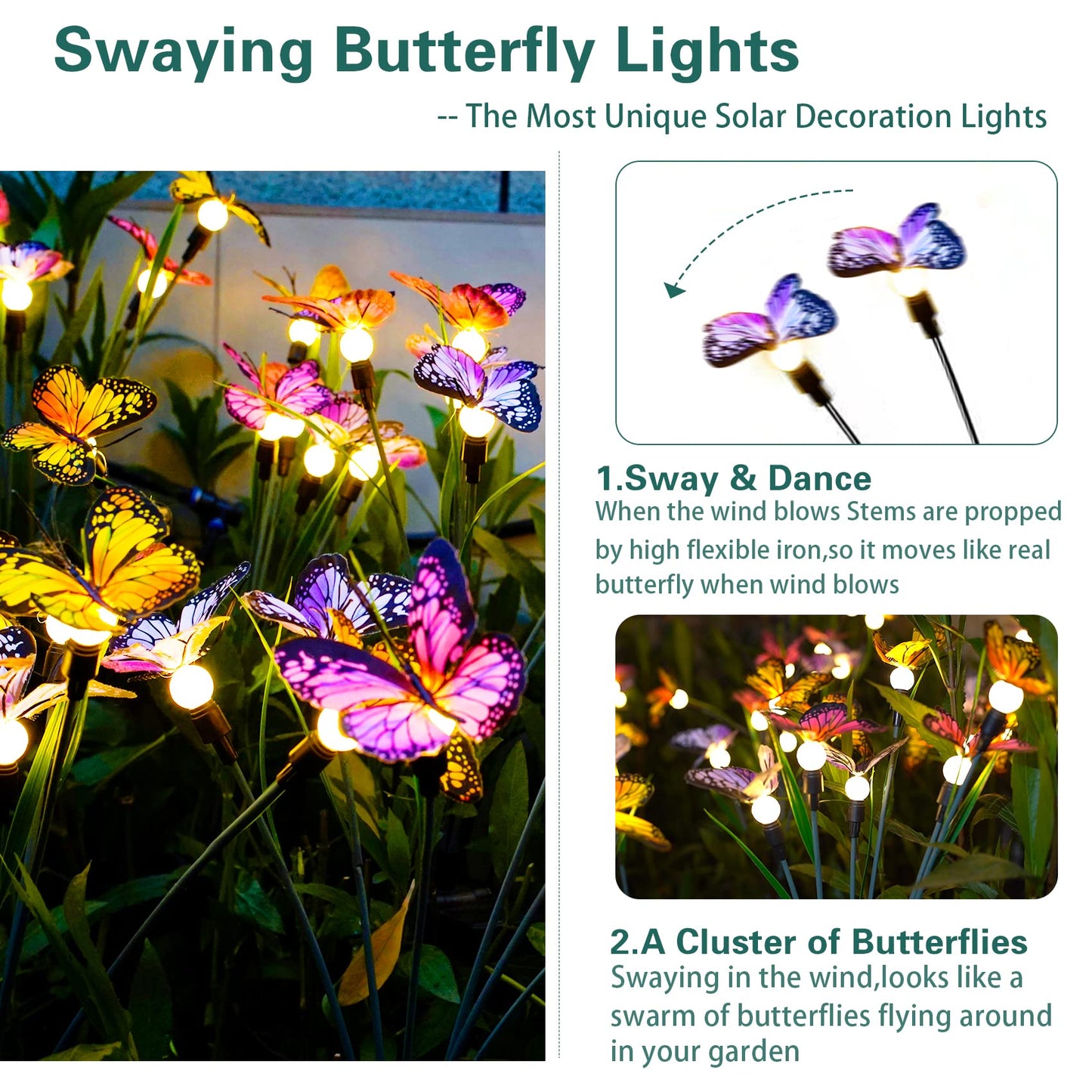 Solar Garden Lights - Swaying Butterfly Light, Swaying in The Wind, Solar Outdoor Lights, Yard Patio Pathway Decoration, High Flexibility Iron Wire & Realistic Butterflies (2 Pack)