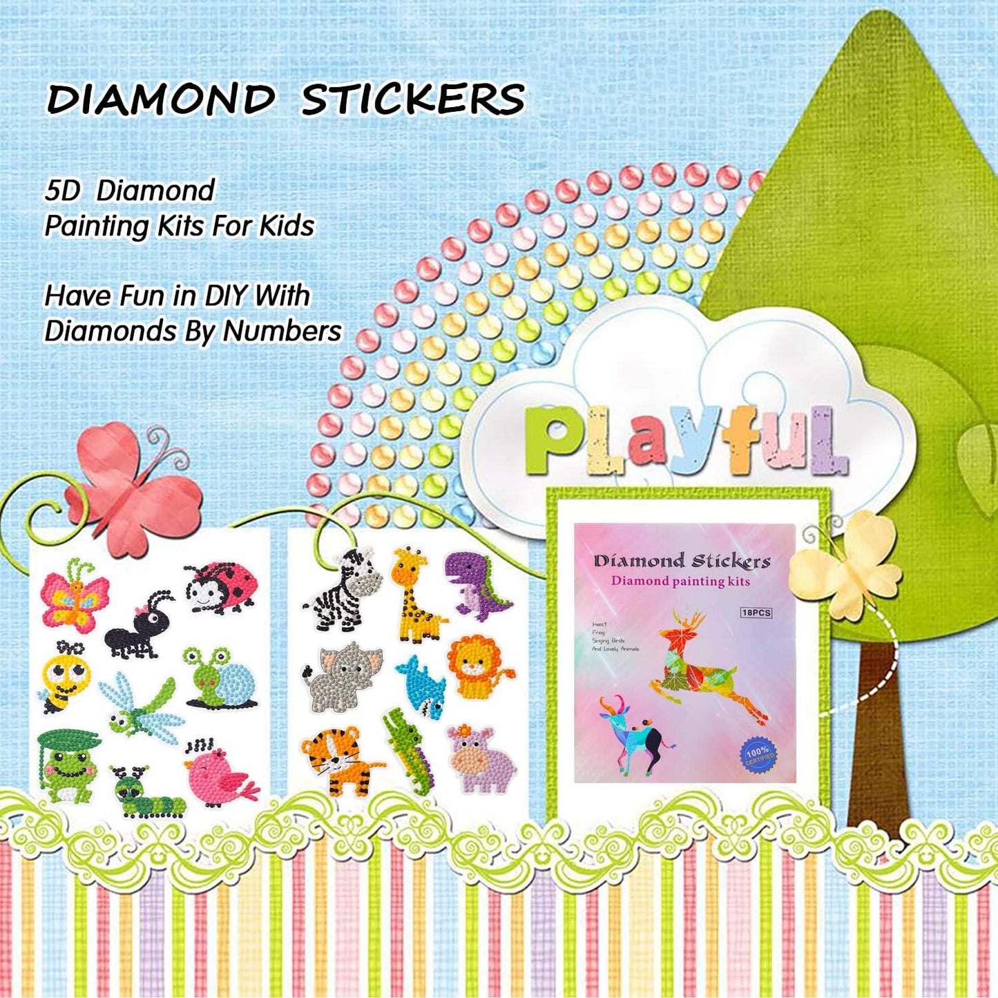 5D Diamond Art Stickers for Kids, 18 Pcs Insect & Animal Sticker Kits, Eco-Friendly DIY Craft Set for Creative Skills Development