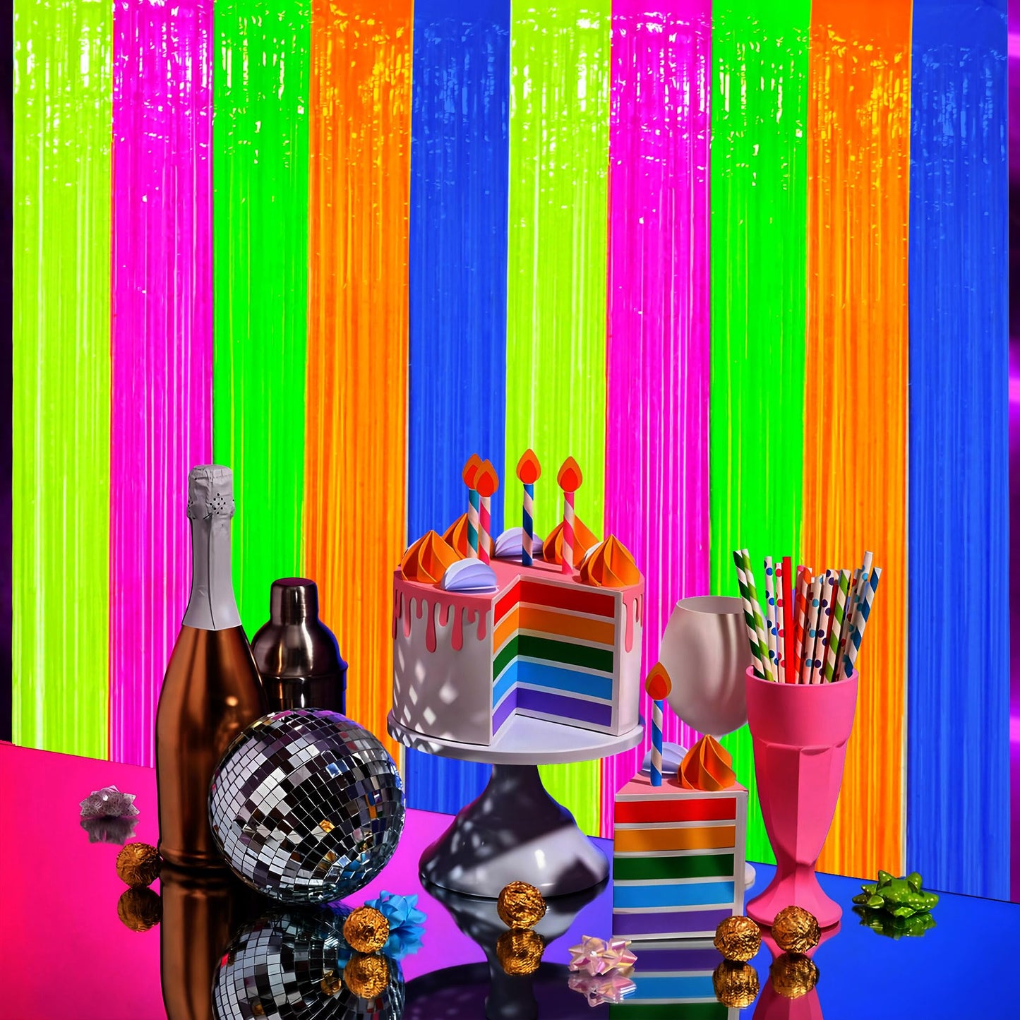 2 Pack Neon Foil Fringe Curtains Glow in The Dark Tinsel Streamers Fluorescent Macaron Foil Fringe Backdrop Neon Party Photo Booth Prop for Glow Birthday Wedding Blacklight Party Decor, 3.3 x 6.6 Ft