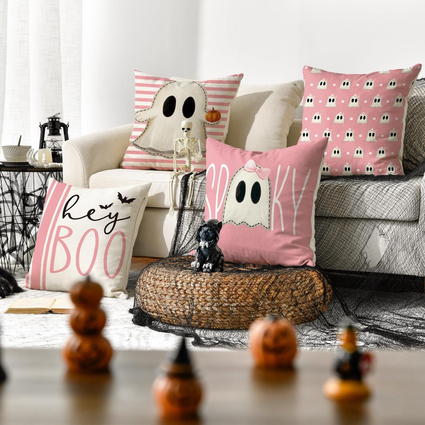 Halloween Hey Boo Cute Ghost Spooky Pink Throw Pillow Covers, 18 x 18 Inch Horror Scary Cushion Case for Sofa Couch Set of 4