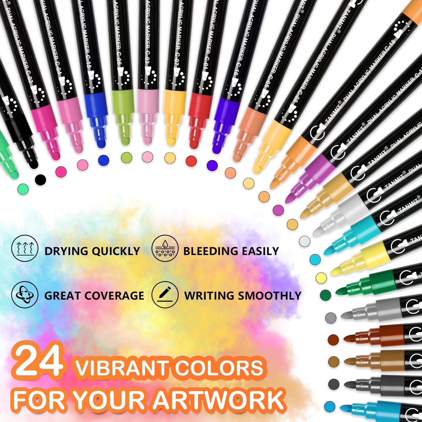 24 Colors Dual Tip Acrylic Paint Pens for Rock Painting, Wood, Canvas, Stone, Glass, Ceramic Surfaces, DIY Crafts Making Art Supplies (Round Tip and Fine Tip)