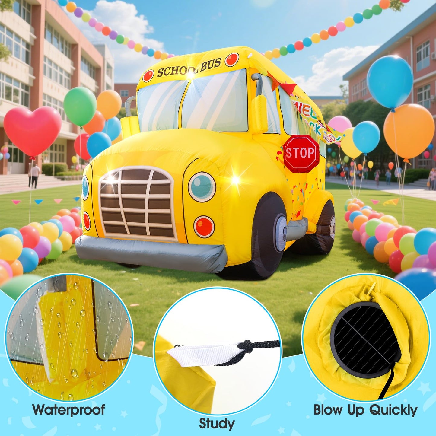 7.5 FT School Bus Inflatables Decorations Welcome Back to School Outdoor Decoration with 3 LED Lights and Banner First Day of School Party Lawn Yard Signs Decor for Kindergarten Preschool