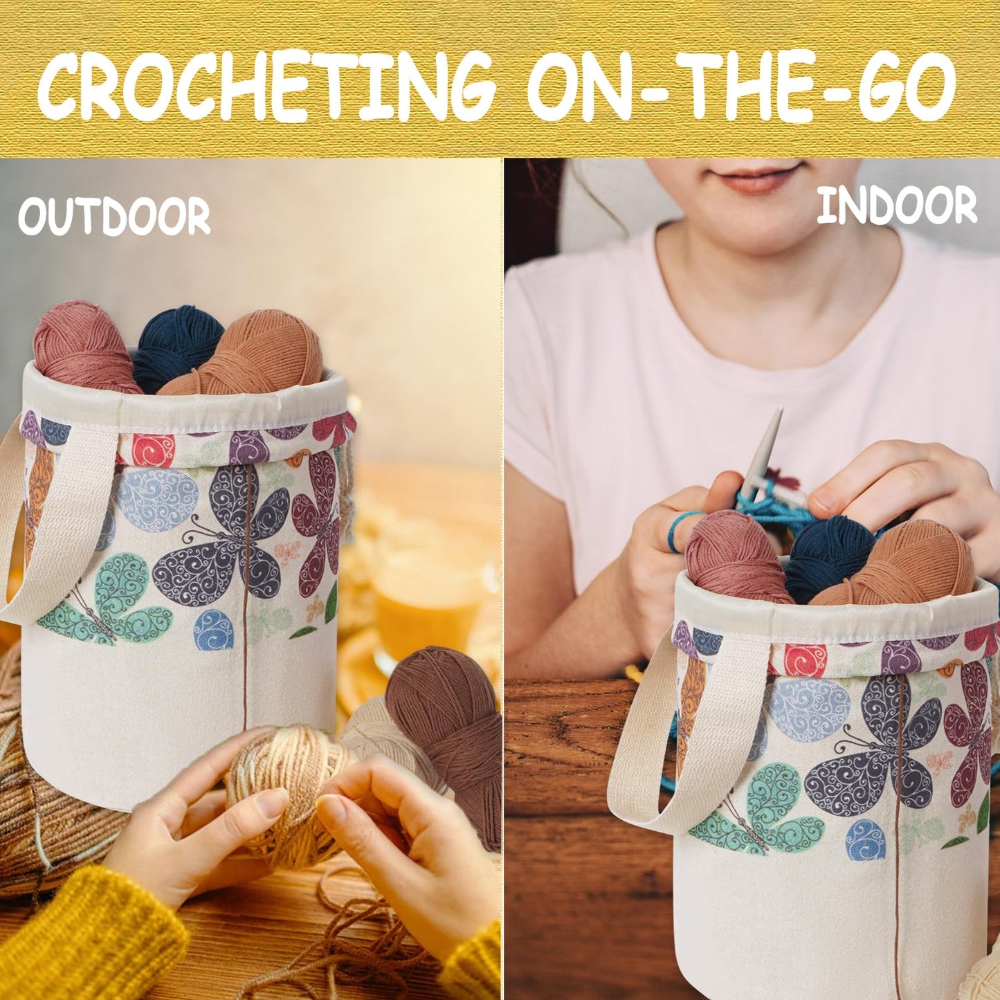 Yarn Bag, Knitting Crochet Bag, Portable Yarn Storage Bags Organizer for Crocheting Project, Store Skein Ball, Short Knitting Needle (Medium, Butterfly)