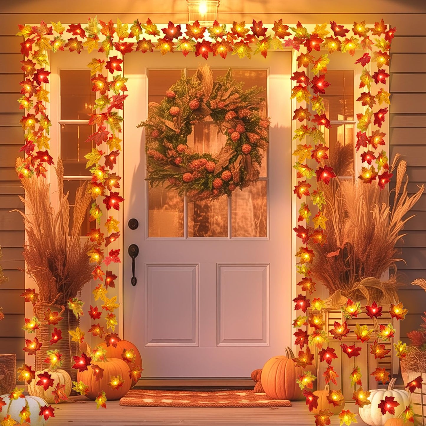 4 Pack Fall Decorations Maple Leaf Lights Garland, Total 40Ft 80LED Lights Battery Operated Fall Leaves Garland with Light Autumn Harvest Light String Home Indoor Outdoor Thanksgiving Decor