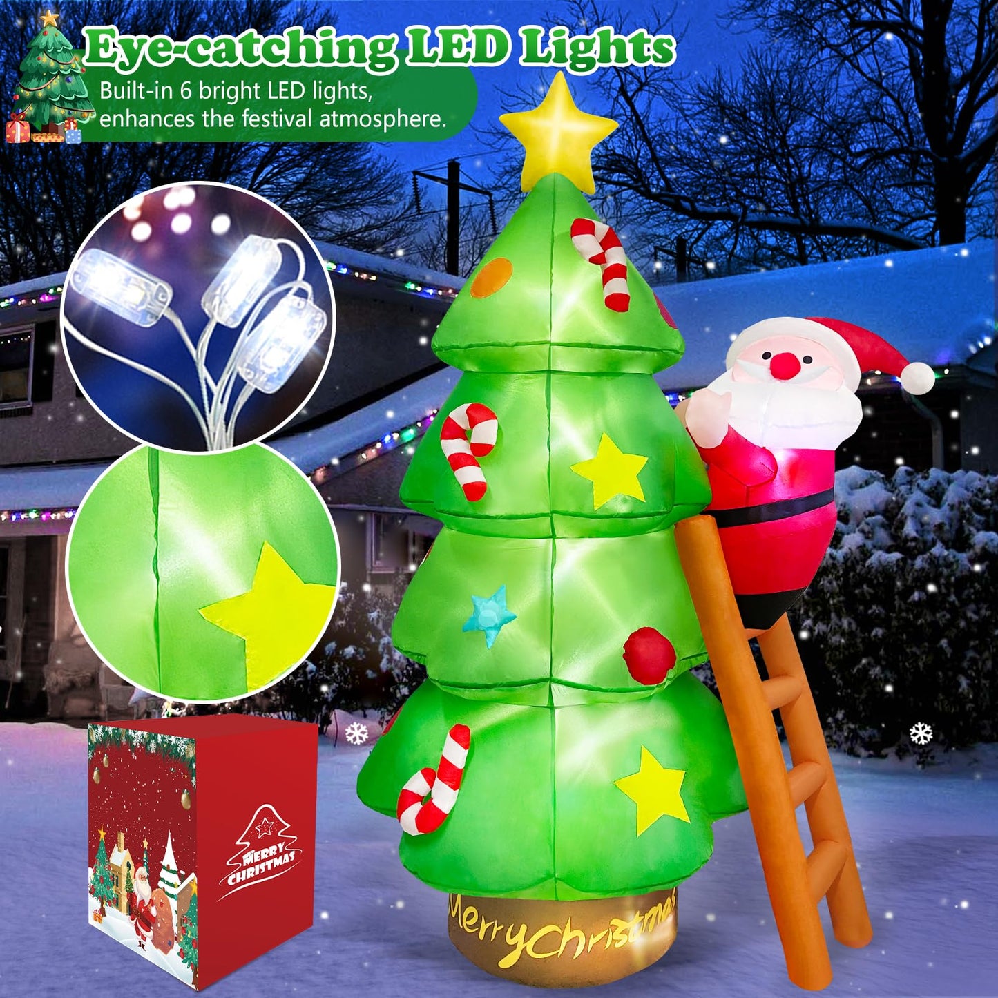 7 FT Christmas Inflatable Tree with Santa Claus Outdoor Decorations, Christmas Inflatables Tree Blow Up Yard Decoration Build-in LEDs Lighted Décor for Xmas Holiday Outside Garden Lawn Patio