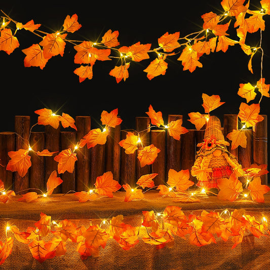 2Pack Fall Decorations for Home,Thanksgiving Lighted Fall Garland,Total 20Ft 40LED Maple Leaves String Lights,Battery Operated Fall Lights for Indoor Halloween Home Autumn Harvest Decor